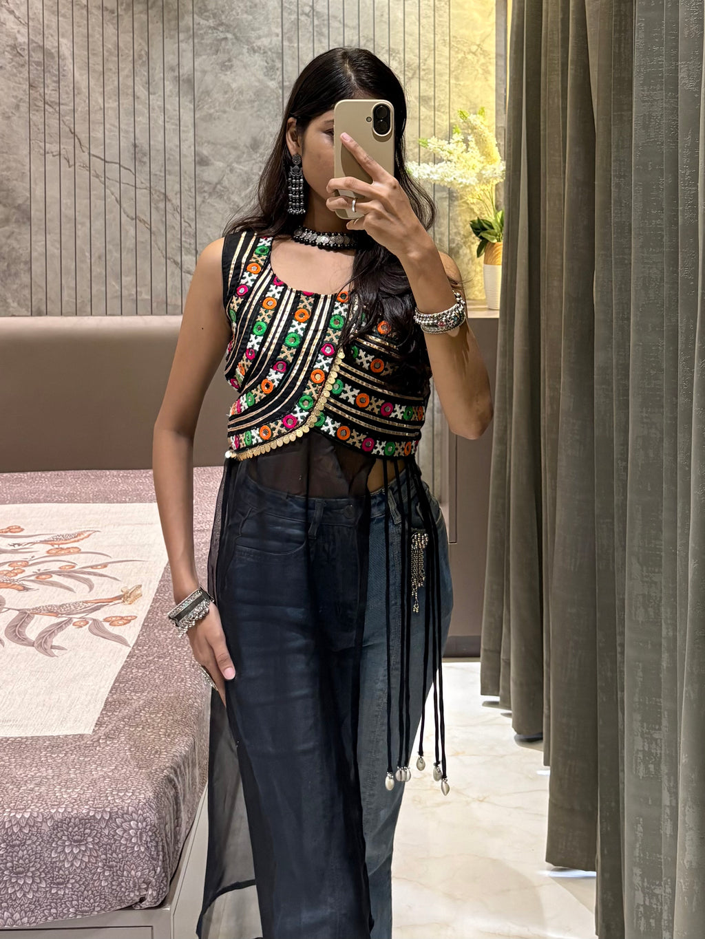 Midnight Black Kutchi Embroidered Crop Top with Statement Tassel Details