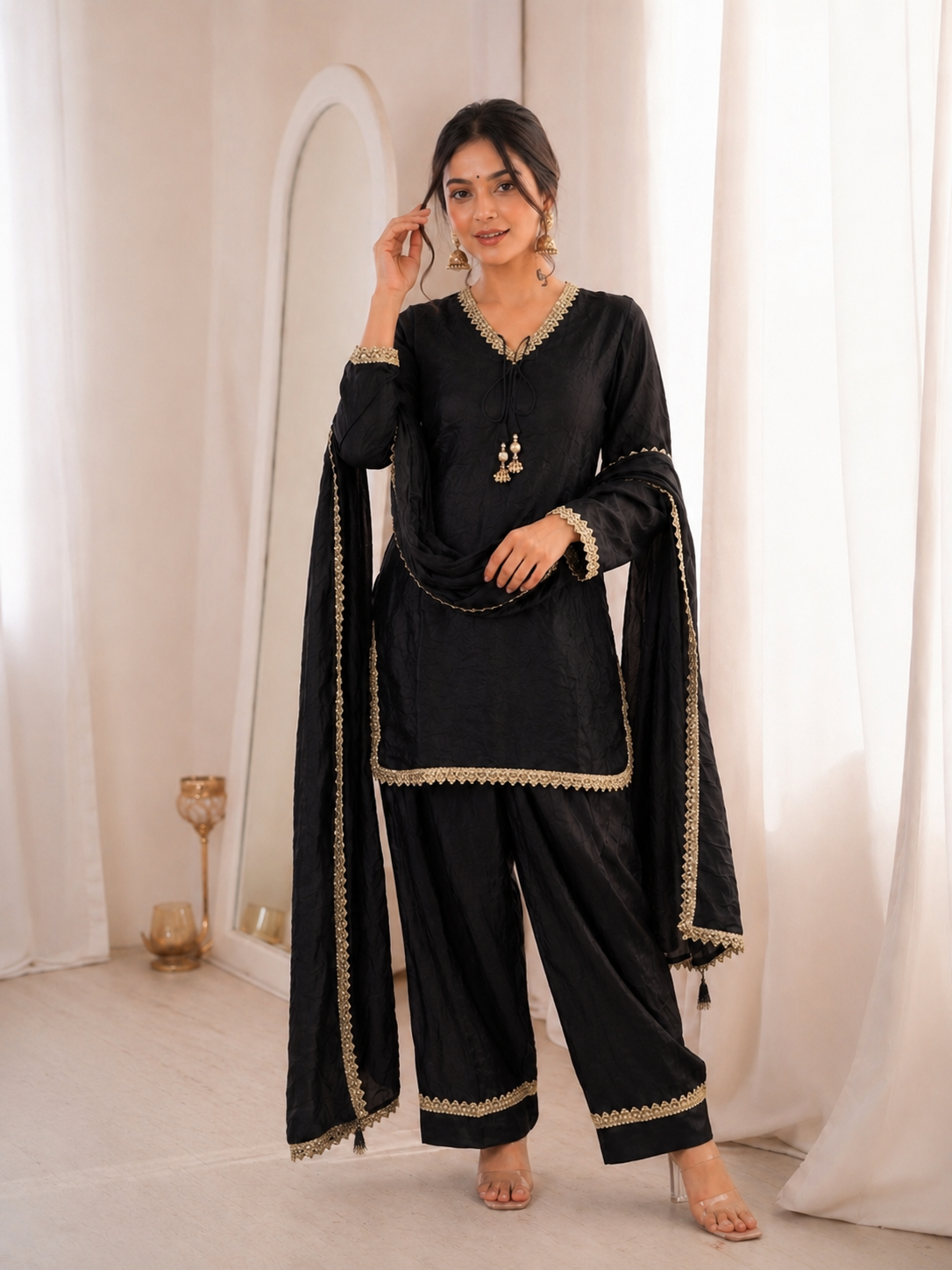 Fendi Silk Elegant Mirror Moti Embellished Premium Co-Ord Set