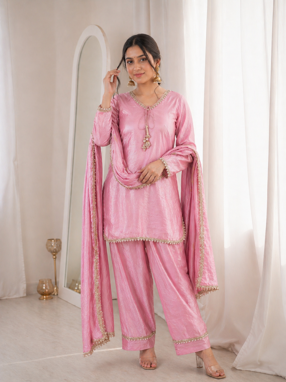 Fendi Silk Elegant Mirror Moti Embellished Premium Co-Ord Set