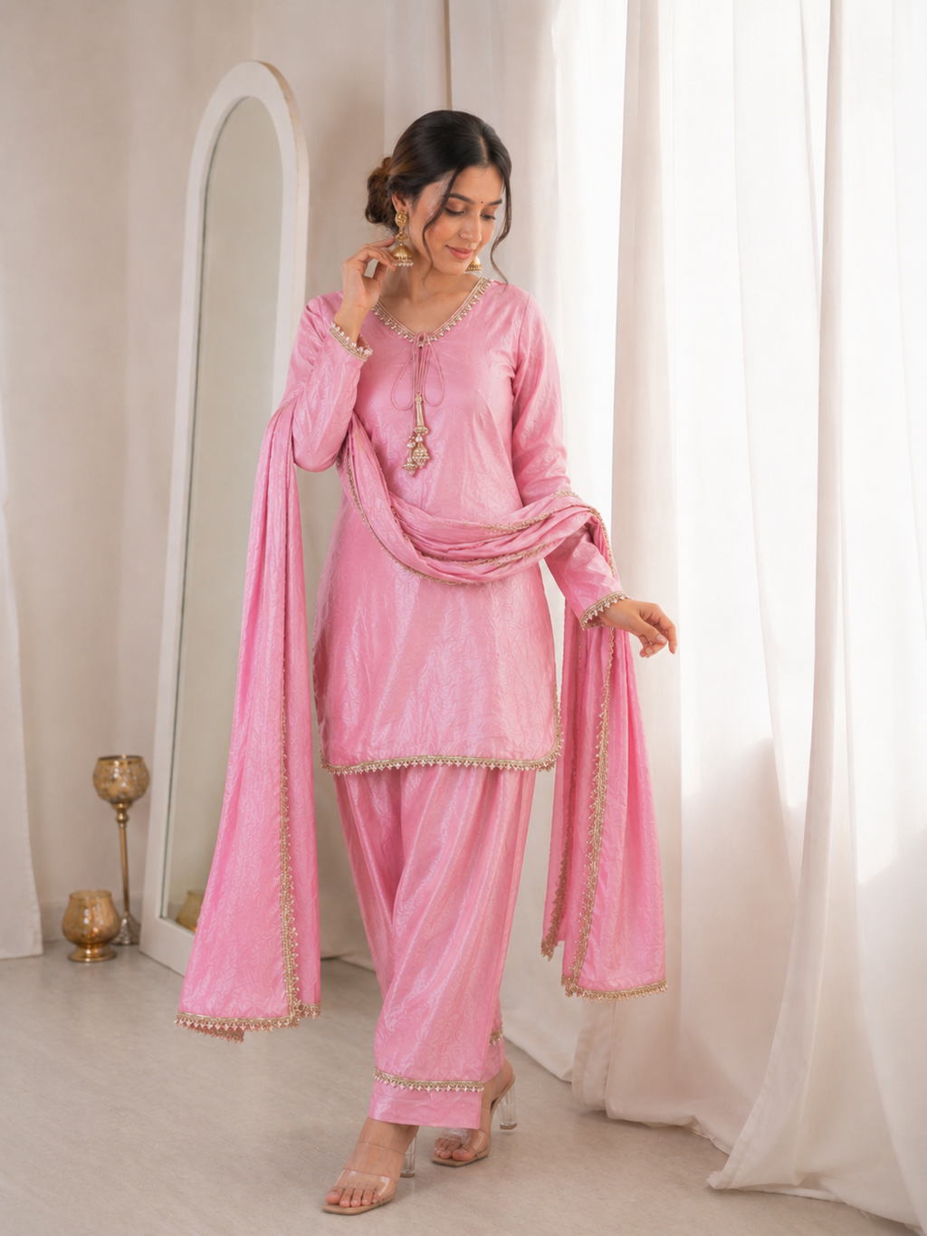Fendi Silk Elegant Mirror Moti Embellished Premium Co-Ord Set