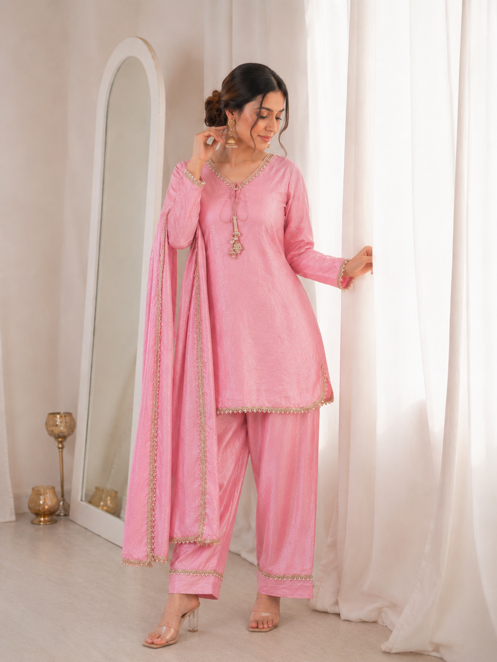 Fendi Silk Elegant Mirror Moti Embellished Premium Co-Ord Set