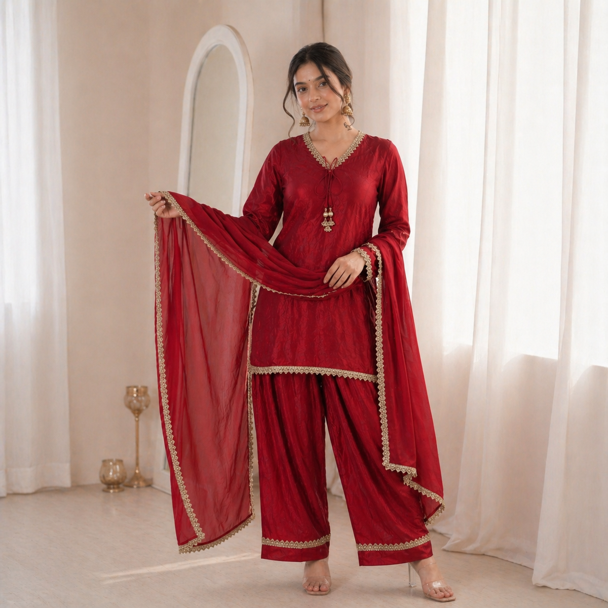 Fendi Silk Elegant Mirror Moti Embellished Premium Co-Ord Set