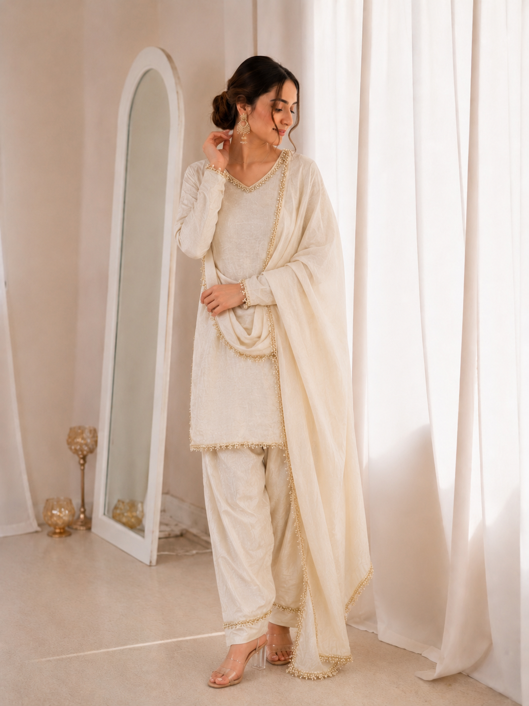 Fendi Silk Elegant Mirror Moti Embellished Premium Co-Ord Set