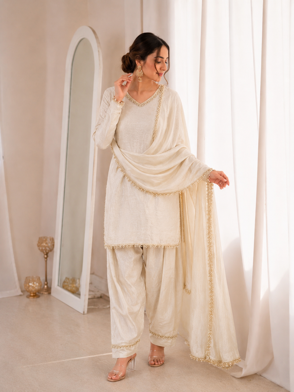 Fendi Silk Elegant Mirror Moti Embellished Premium Co-Ord Set