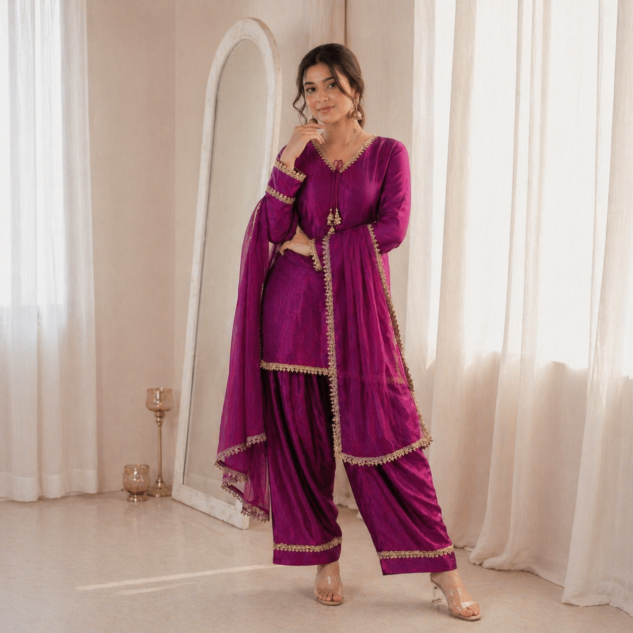 Fendi Silk Elegant Mirror Moti Embellished Premium Co-Ord Set