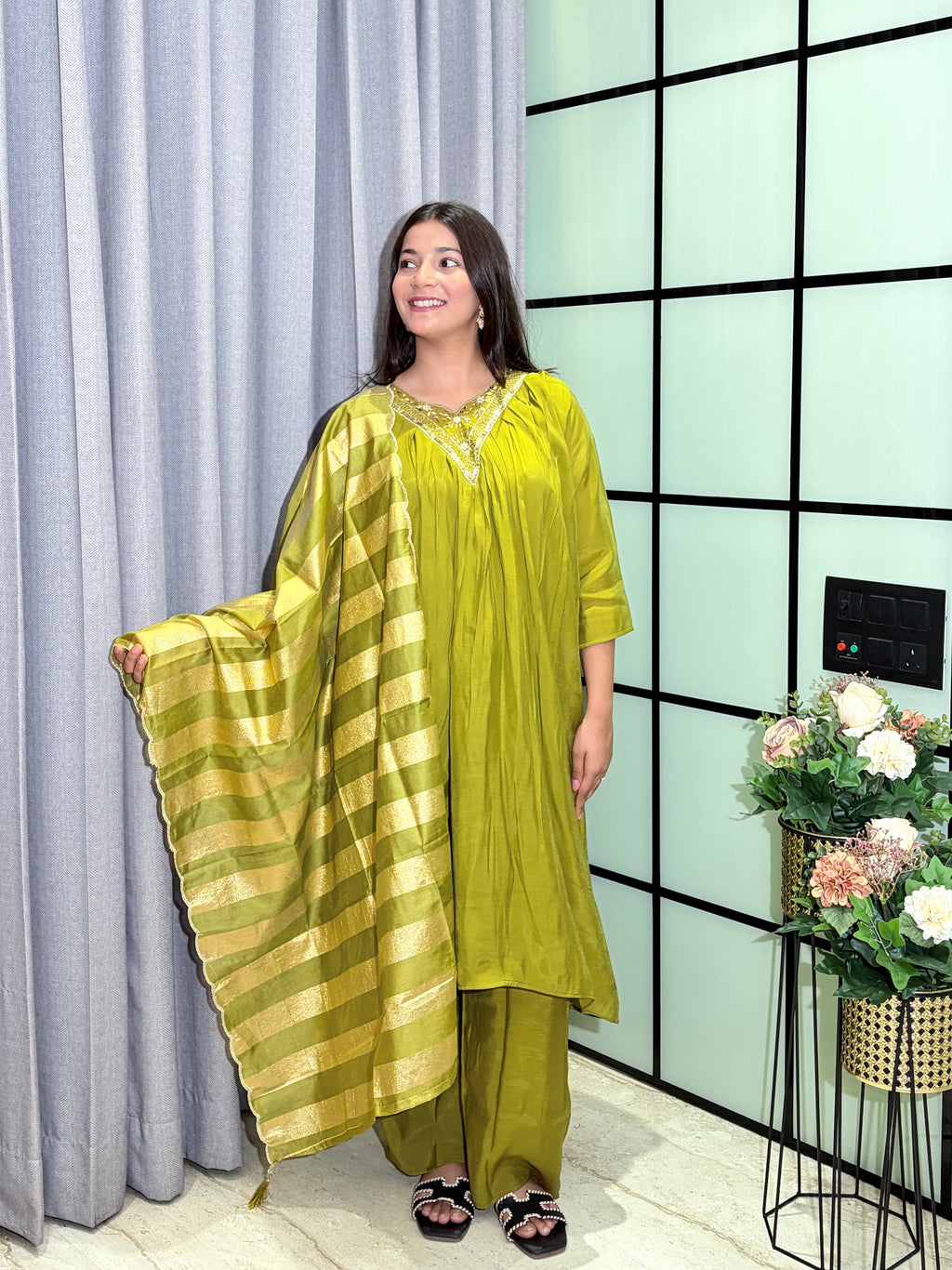 Olive Green Mull Chanderi Hand Embroidered Kurta Set with Gold Striped Dupatta