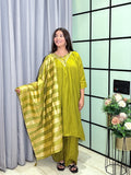 Olive Green Mull Chanderi Hand Embroidered Kurta Set with Gold Striped Dupatta