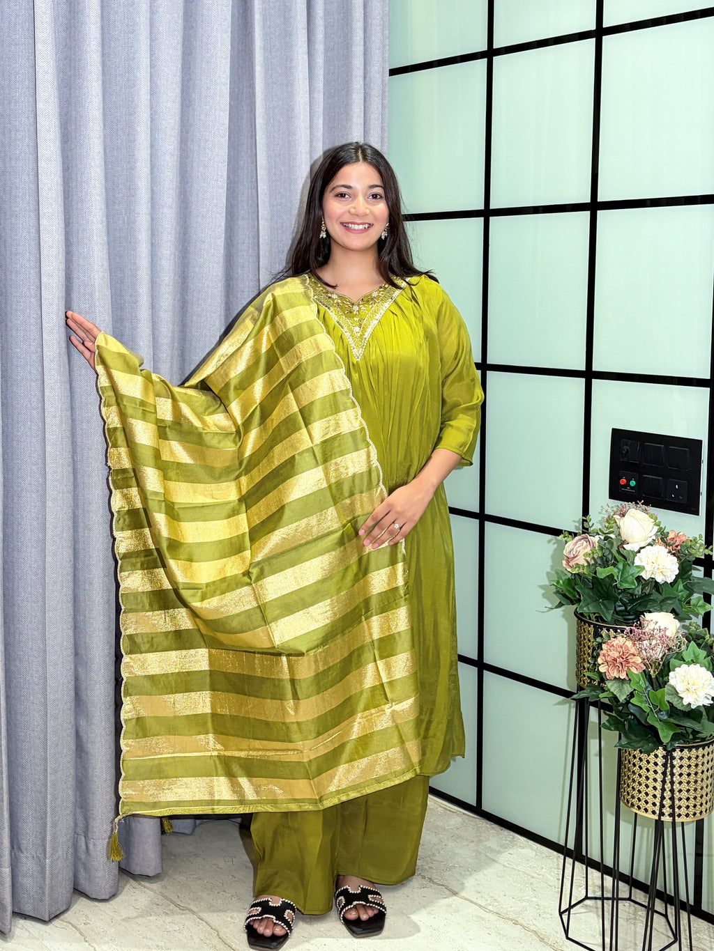 Olive Green Mull Chanderi Hand Embroidered Kurta Set with Gold Striped Dupatta