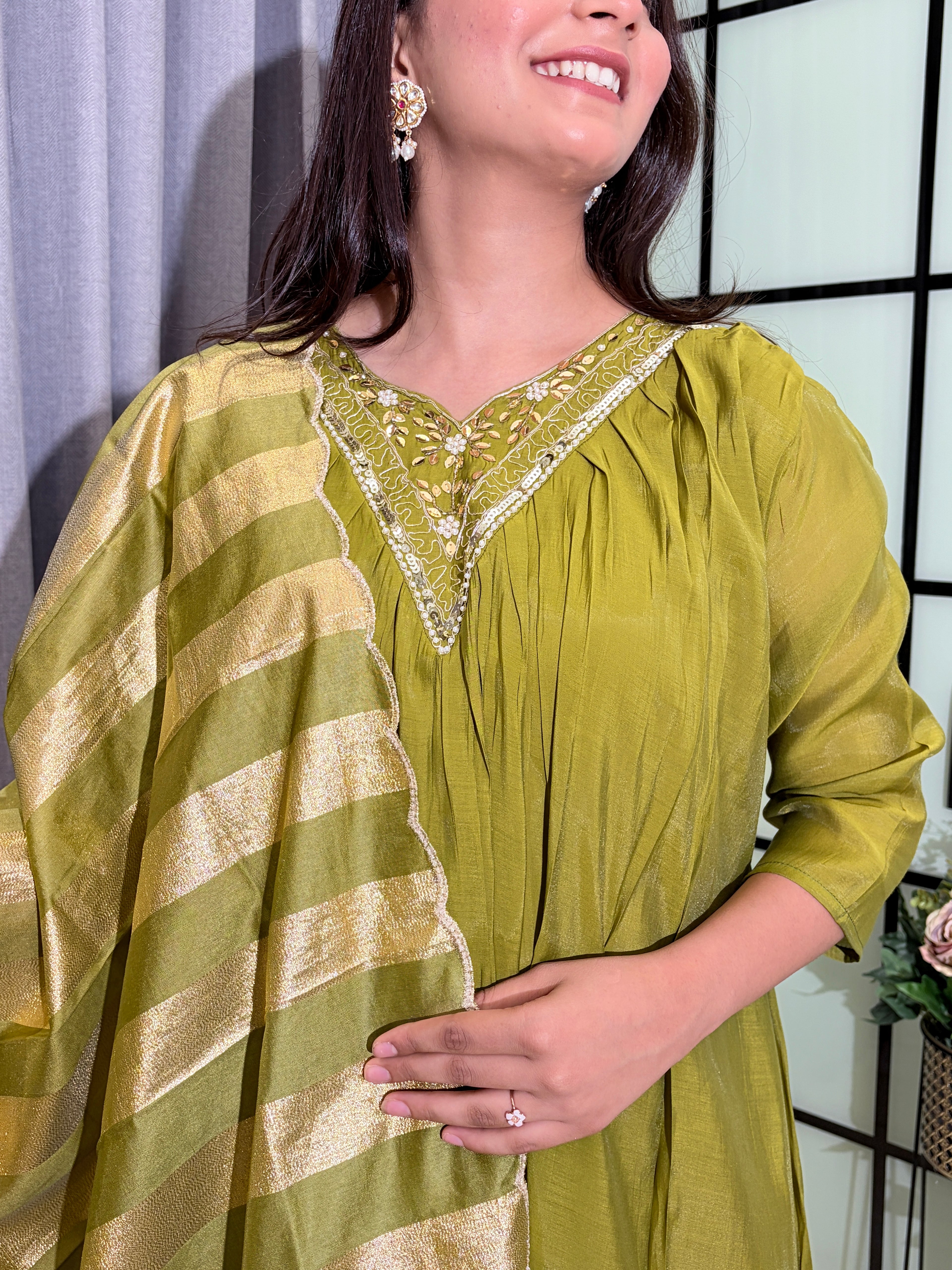 Olive Green Mull Chanderi Hand Embroidered Kurta Set with Gold Striped Dupatta