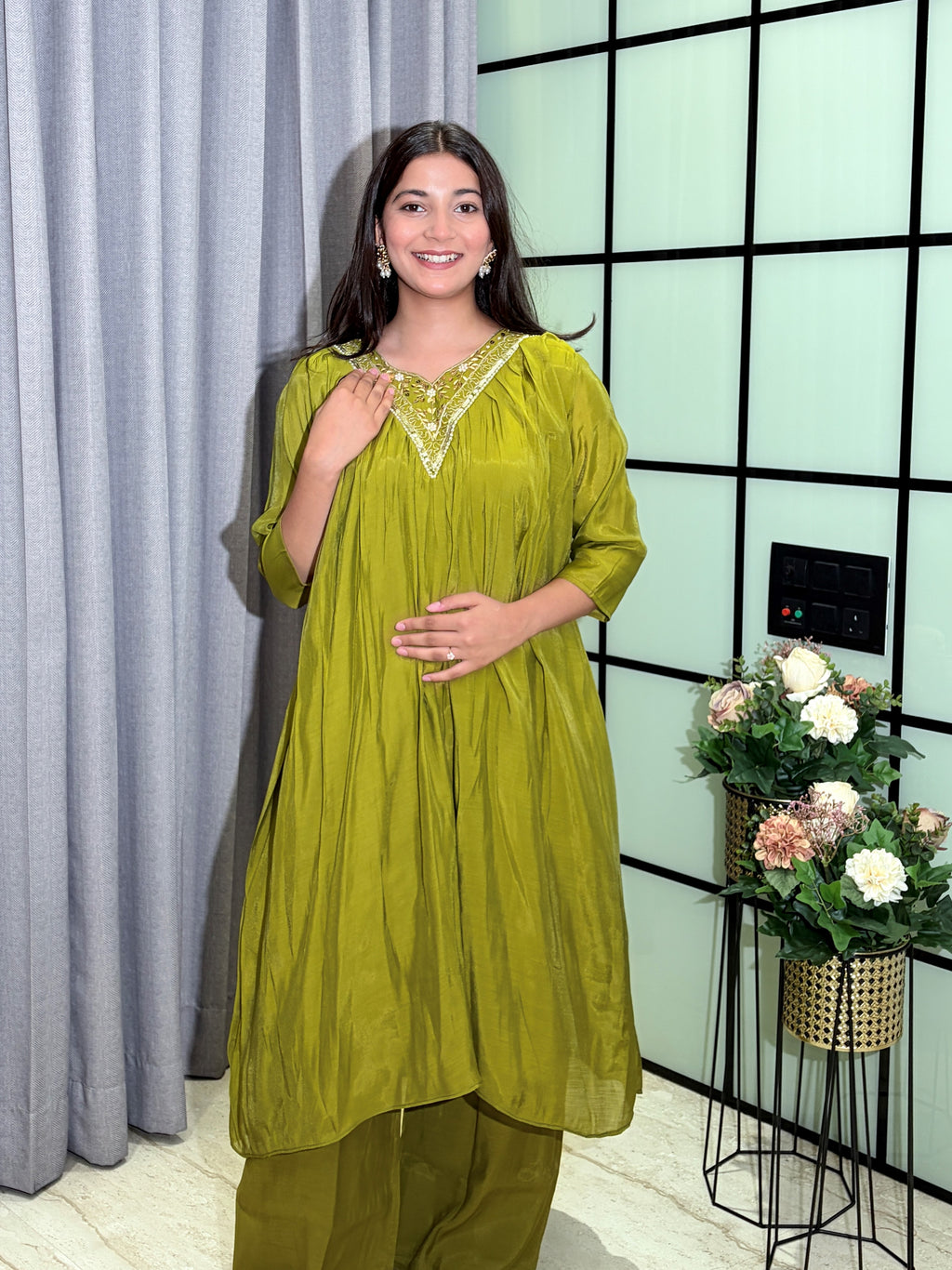 Olive Green Mull Chanderi Hand Embroidered Kurta Set with Gold Striped Dupatta