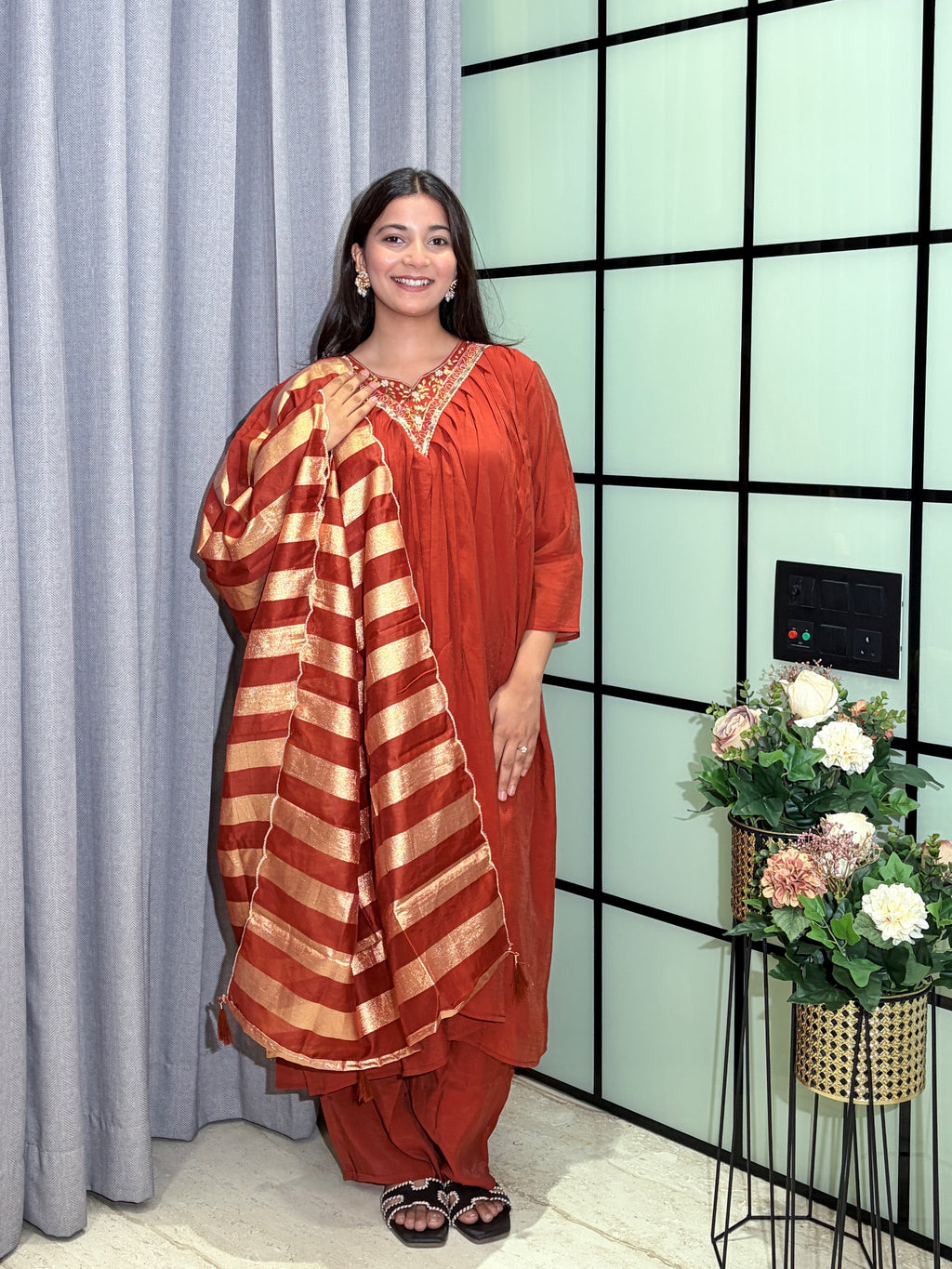 Rust Orange  Mull Chanderi Hand Embroidered Kurta Set with Gold Striped Dupatta