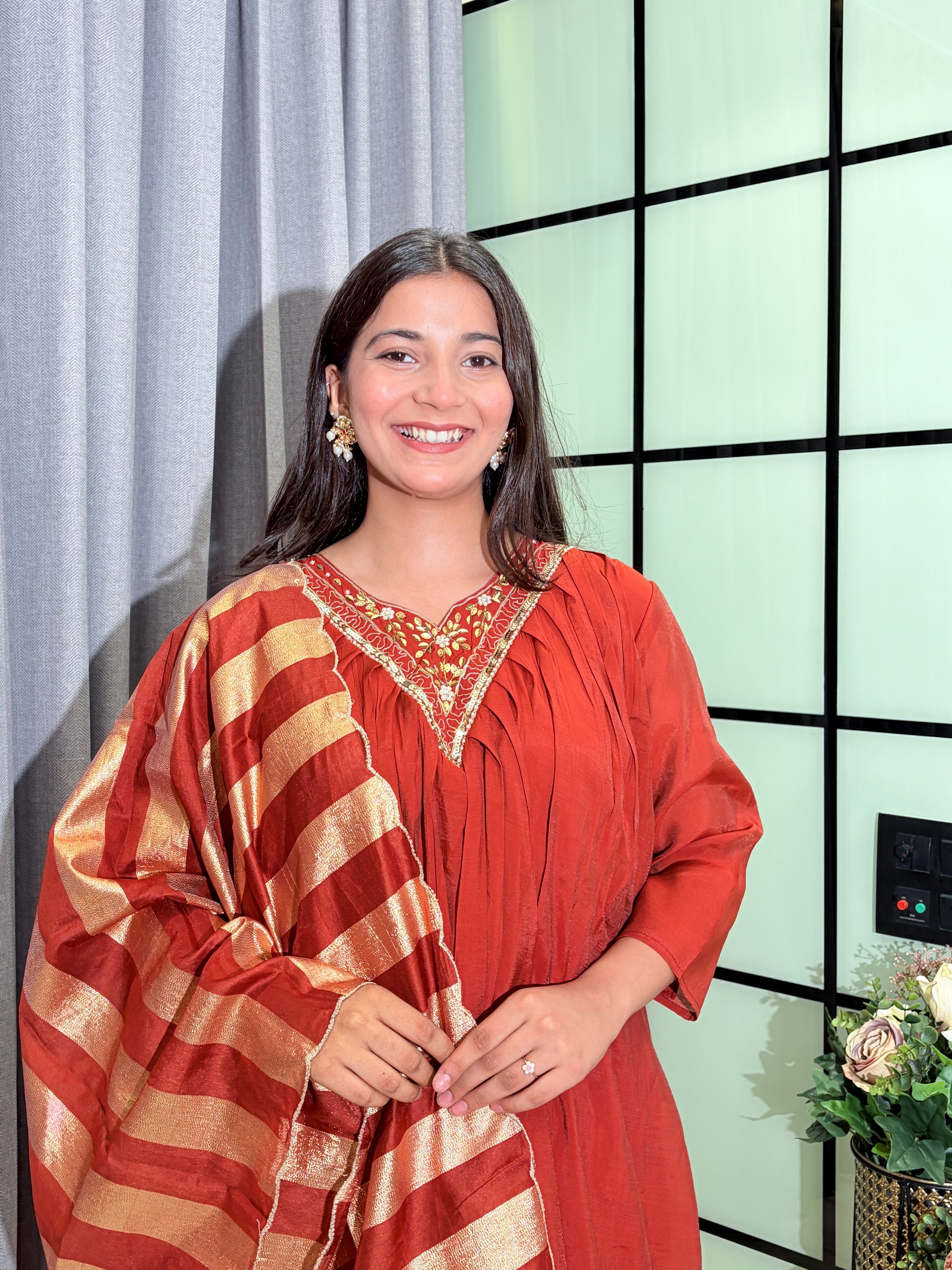Rust Orange  Mull Chanderi Hand Embroidered Kurta Set with Gold Striped Dupatta