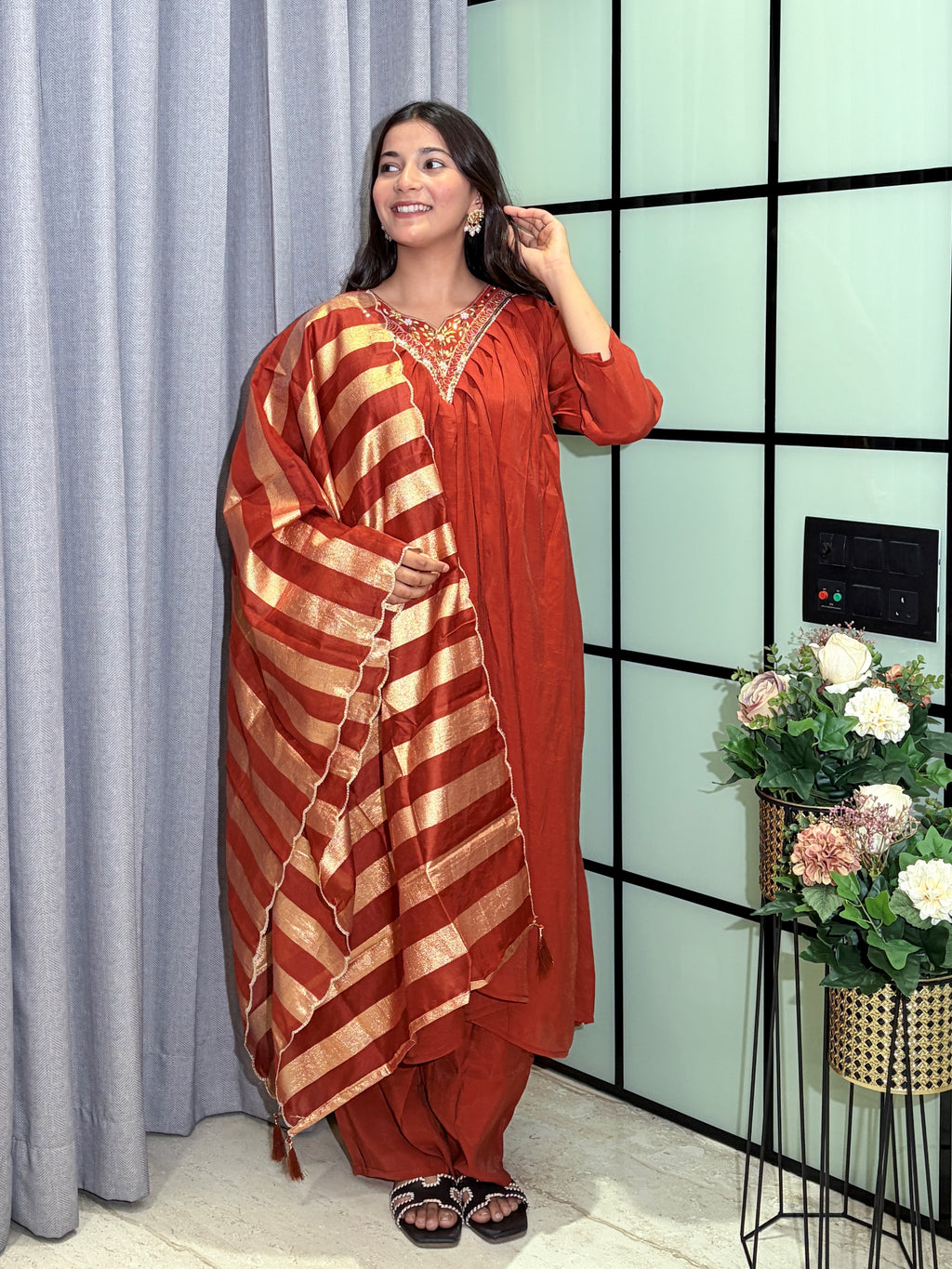 Rust Orange  Mull Chanderi Hand Embroidered Kurta Set with Gold Striped Dupatta