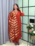 Rust Orange  Mull Chanderi Hand Embroidered Kurta Set with Gold Striped Dupatta
