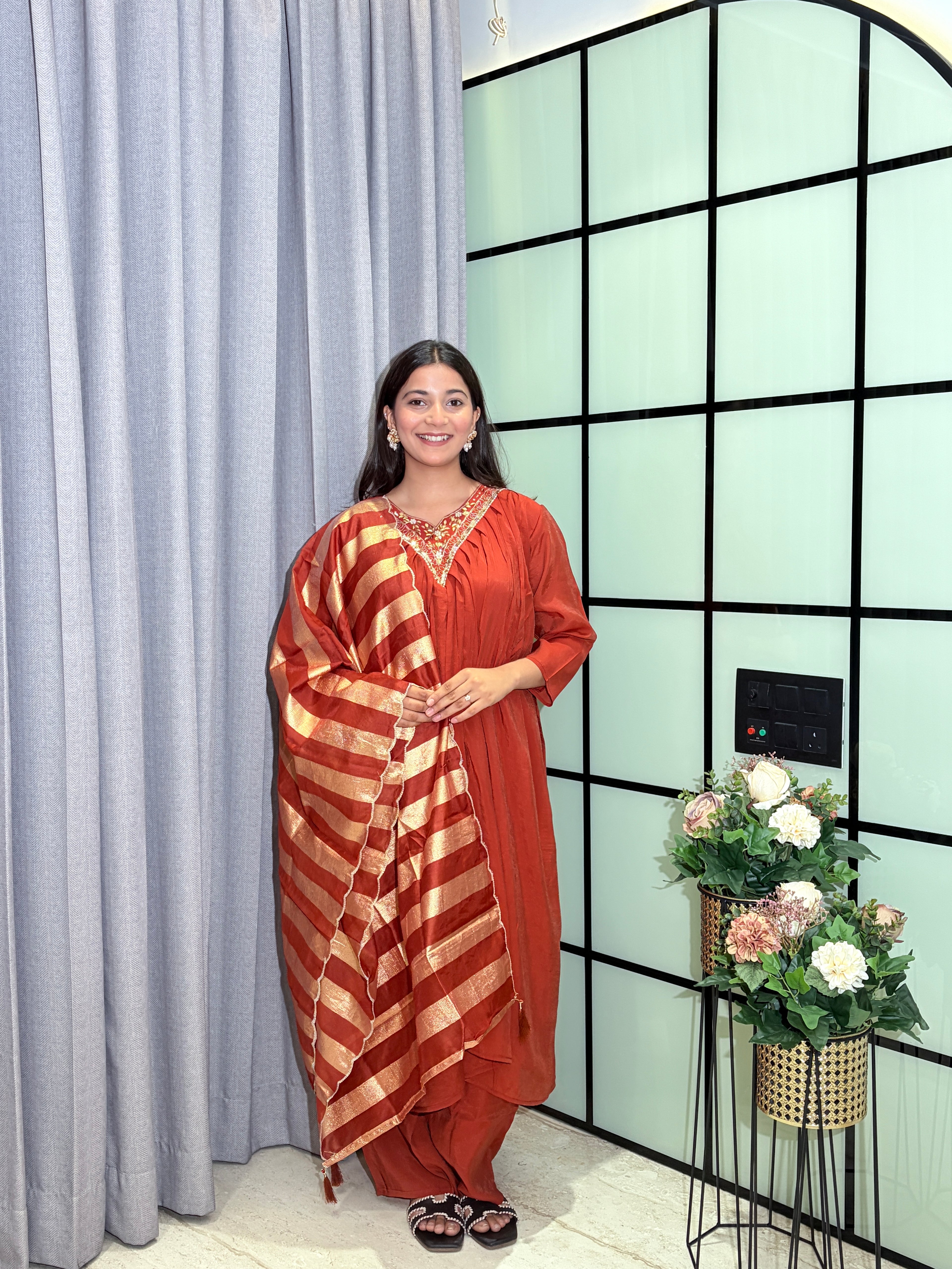 Rust Orange  Mull Chanderi Hand Embroidered Kurta Set with Gold Striped Dupatta