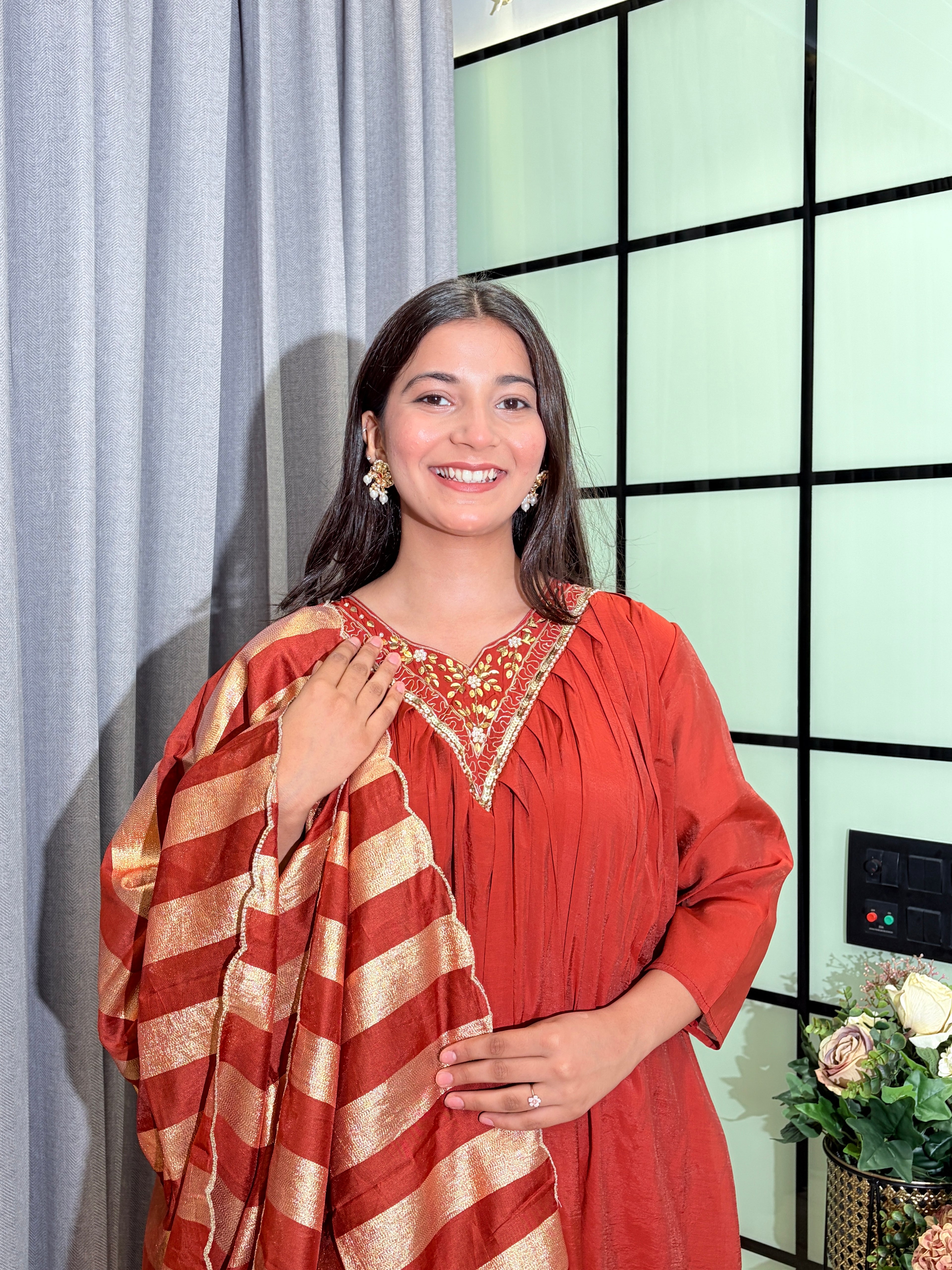 Rust Orange  Mull Chanderi Hand Embroidered Kurta Set with Gold Striped Dupatta