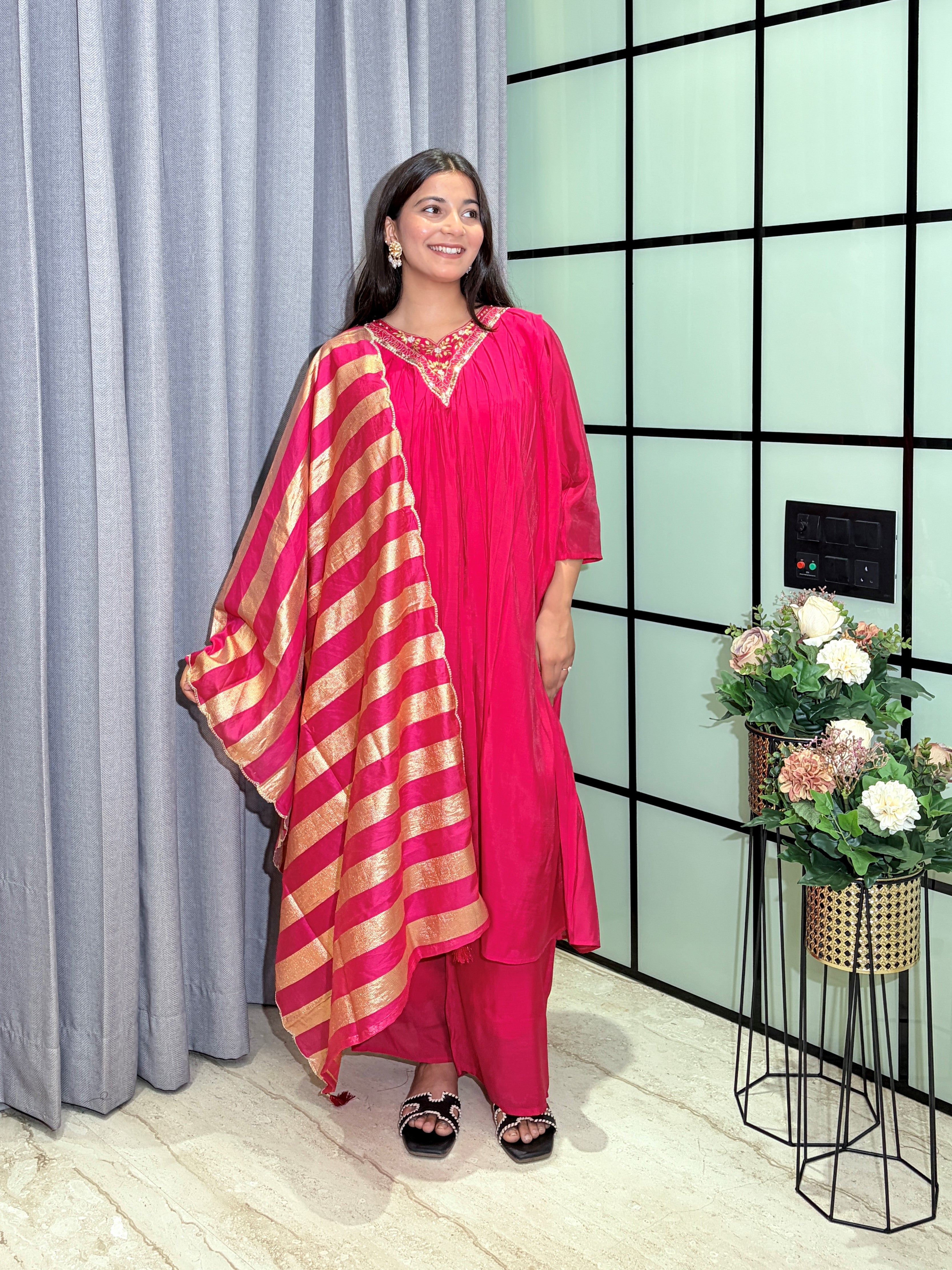 Rani Pink Festive Wear Mull Chanderi Silk Kurta Pant Set with Embellished Neckline