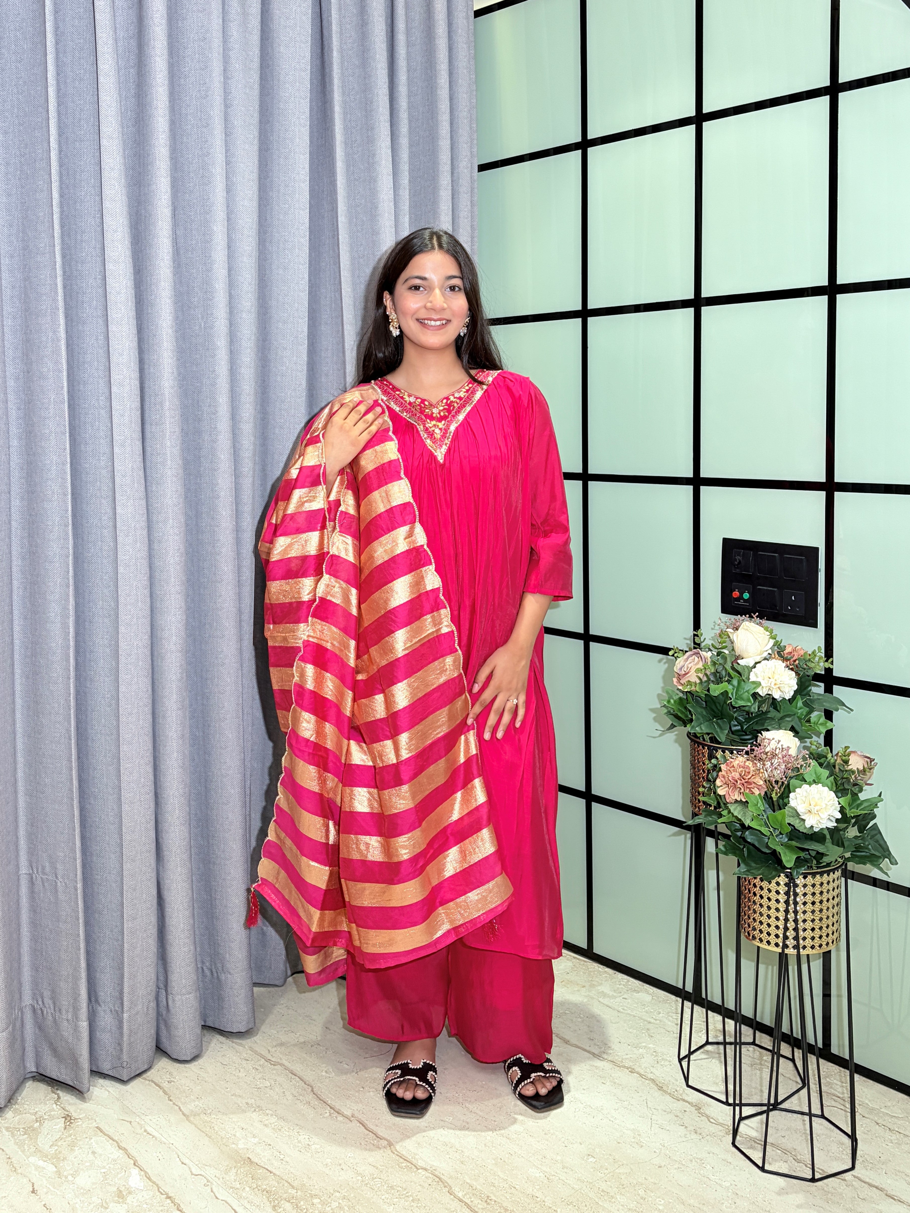 Rani Pink Festive Wear Mull Chanderi Silk Kurta Pant Set with Embellished Neckline