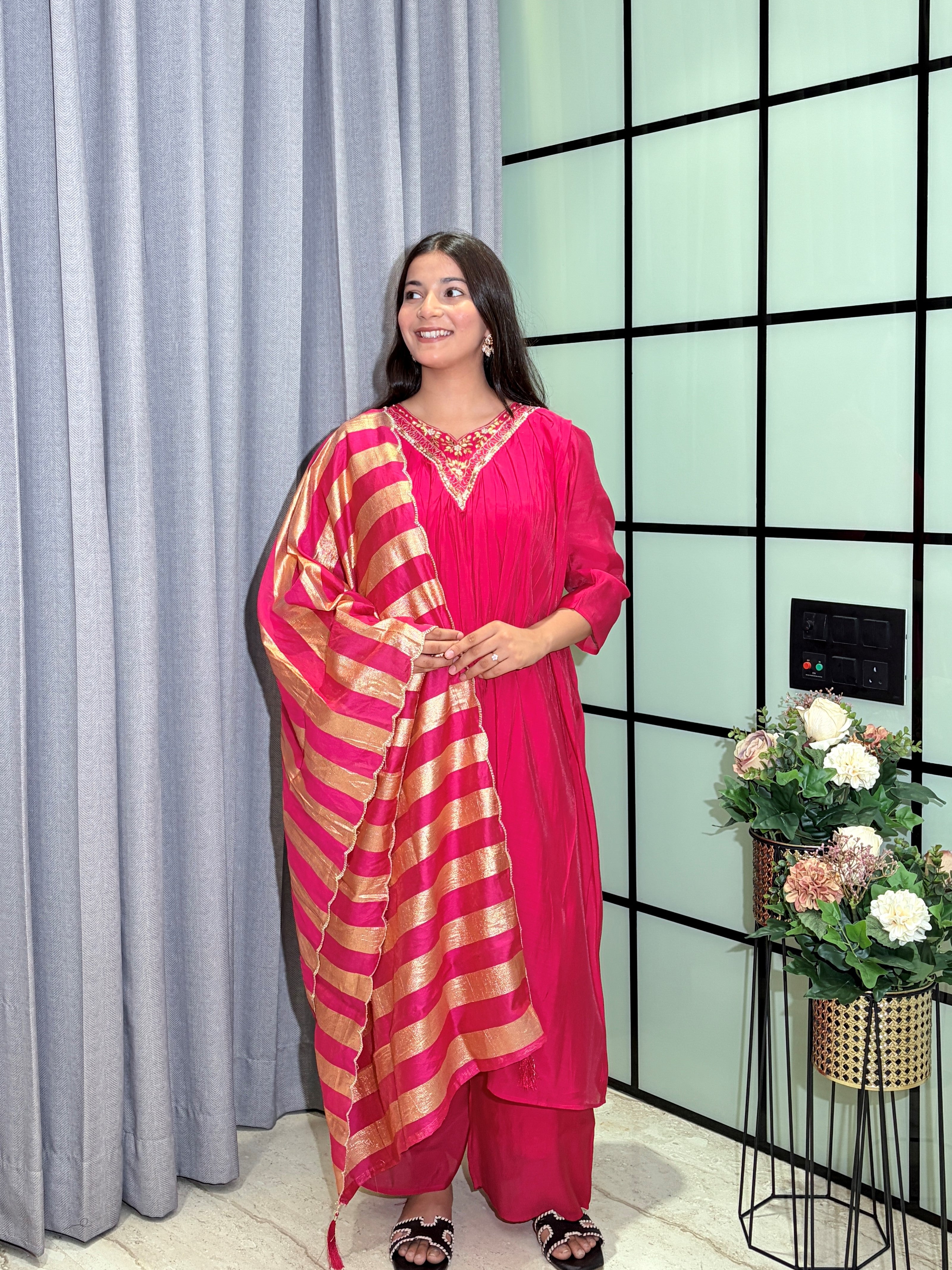 Rani Pink Festive Wear Mull Chanderi Silk Kurta Pant Set with Embellished Neckline