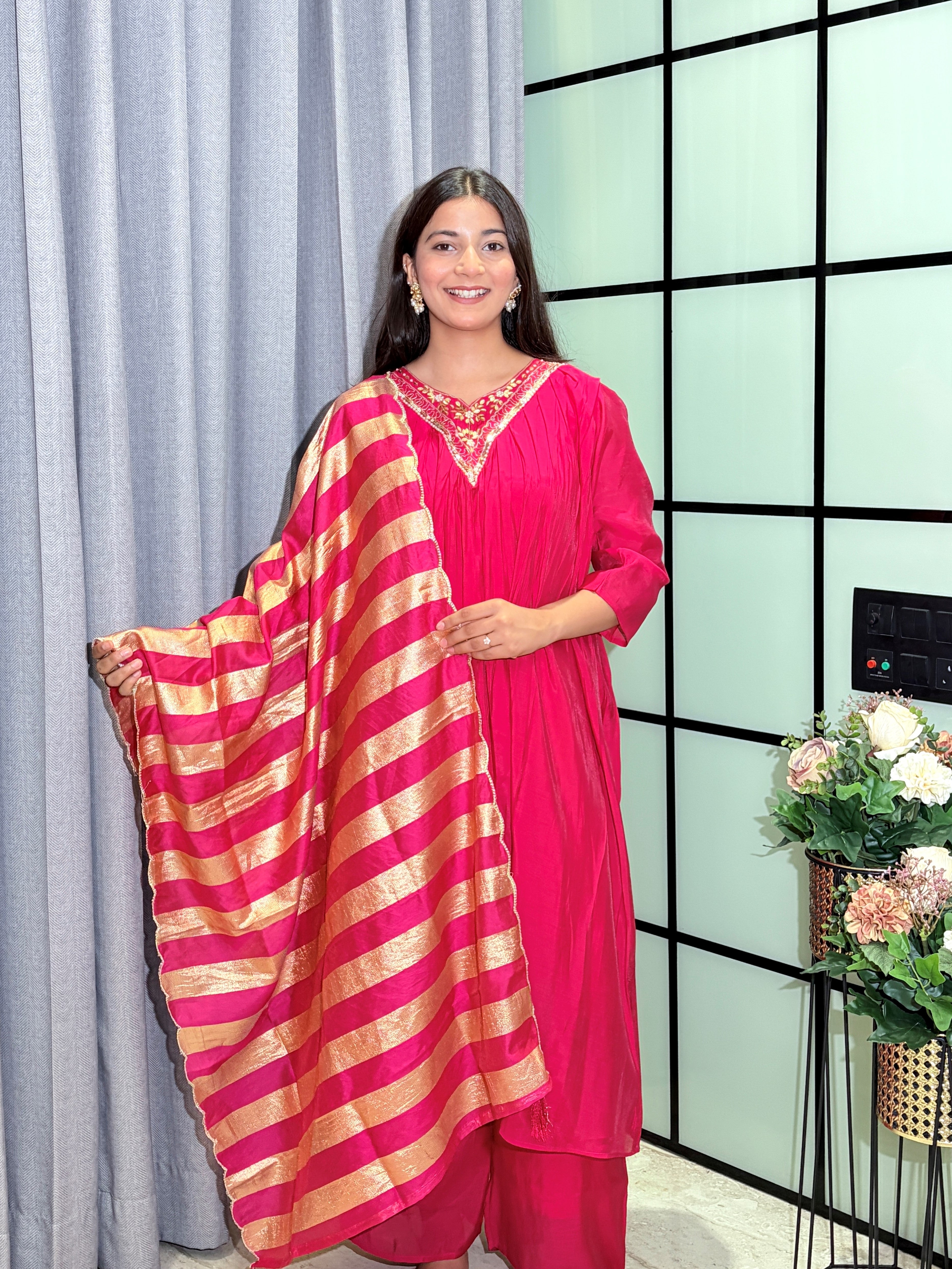 Rani Pink Festive Wear Mull Chanderi Silk Kurta Pant Set with Embellished Neckline