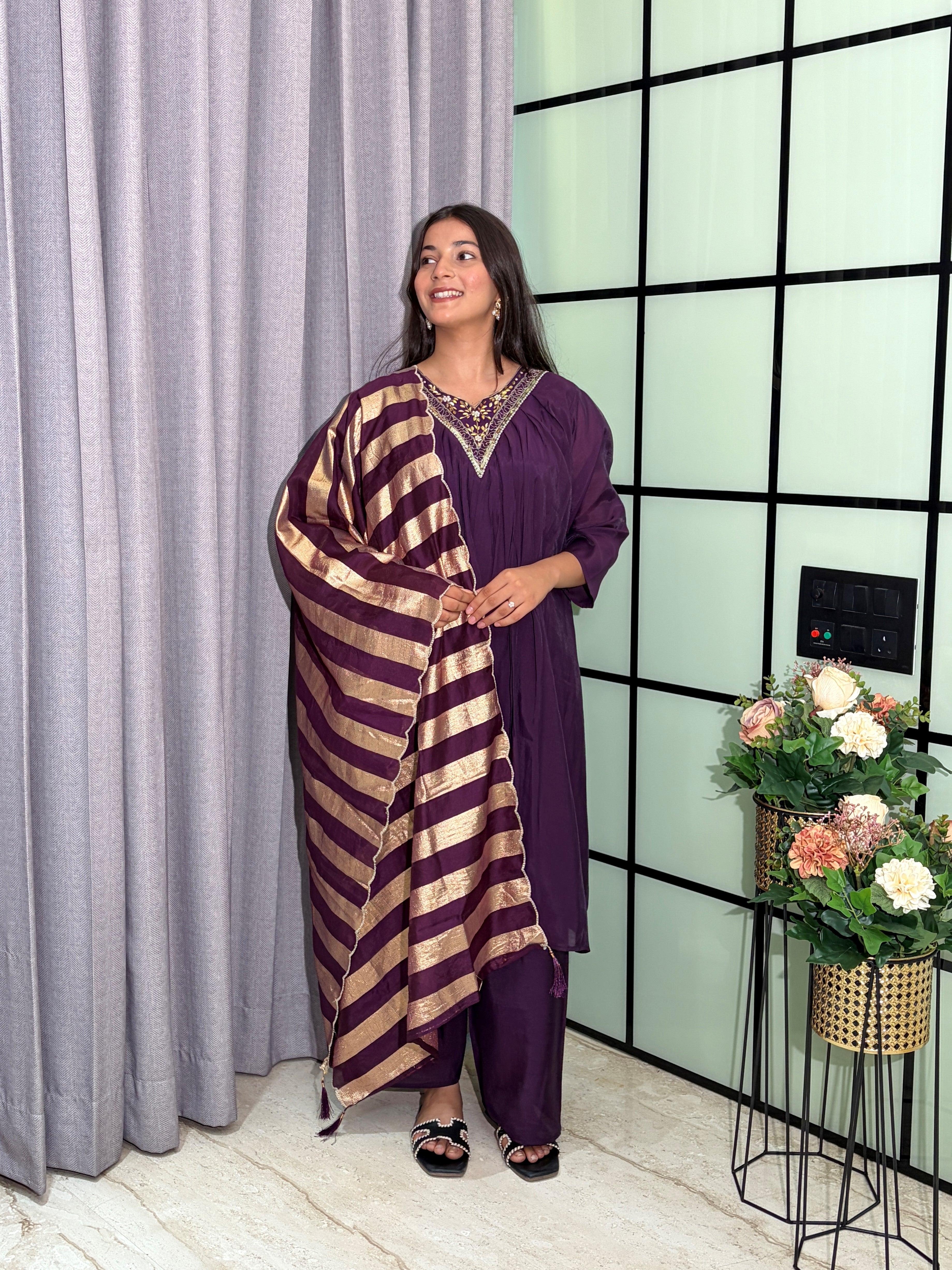 Women's Royal Purple Mull Chanderi  Silk Embroidered Kurta Set with Designer Dupatta