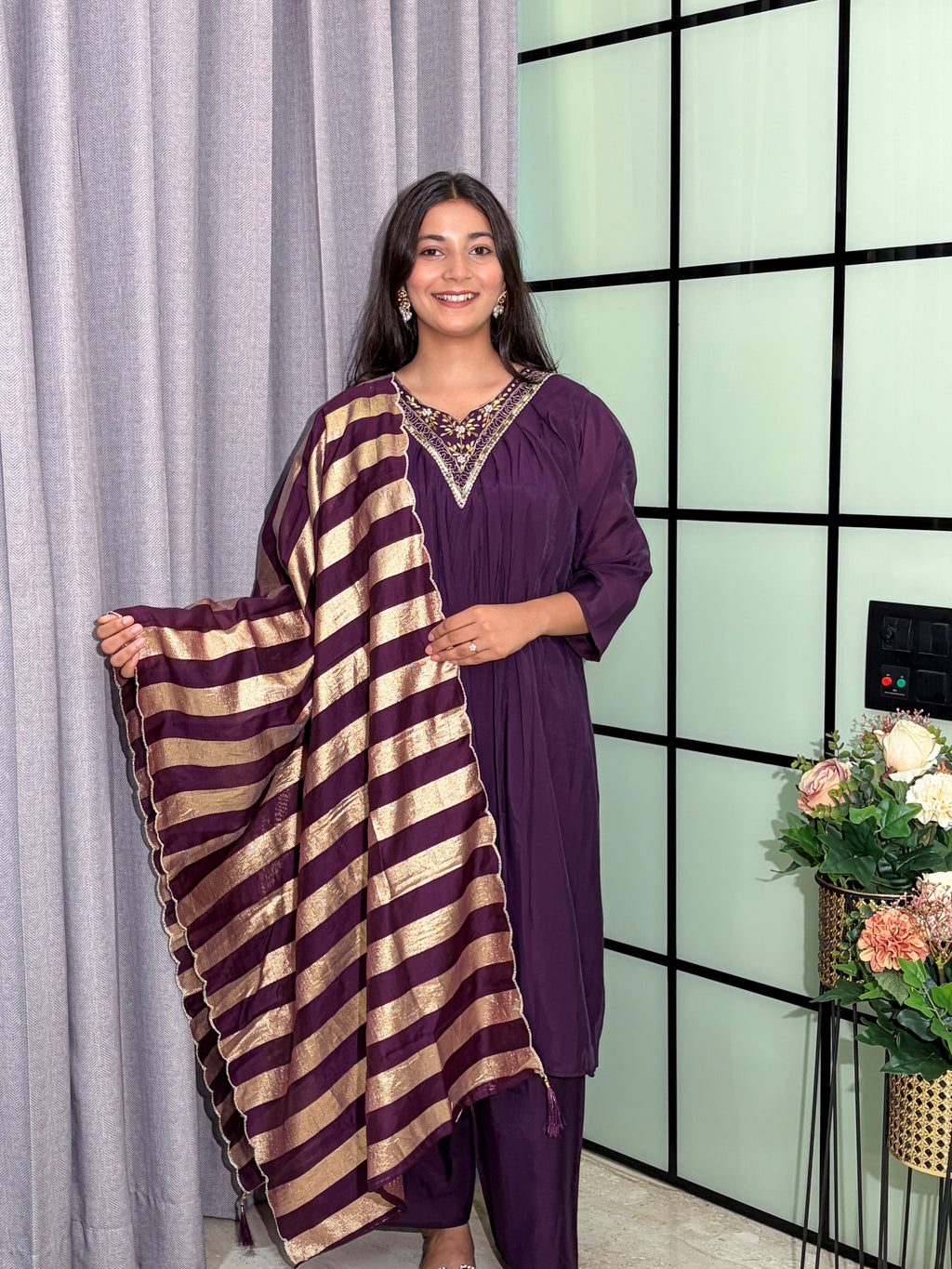Women's Royal Purple Mull Chanderi  Silk Embroidered Kurta Set with Designer Dupatta
