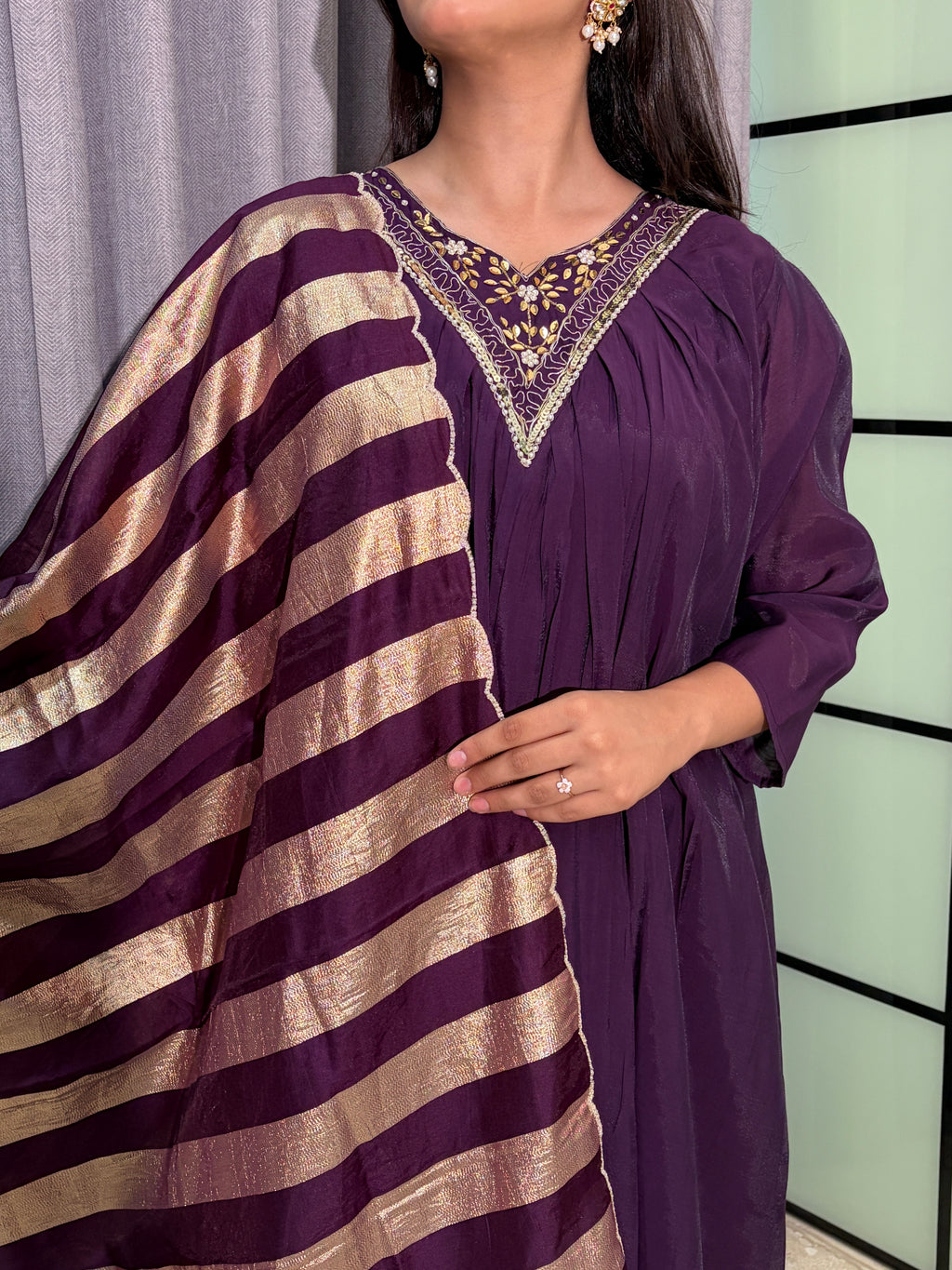 Women's Royal Purple Mull Chanderi  Silk Embroidered Kurta Set with Designer Dupatta