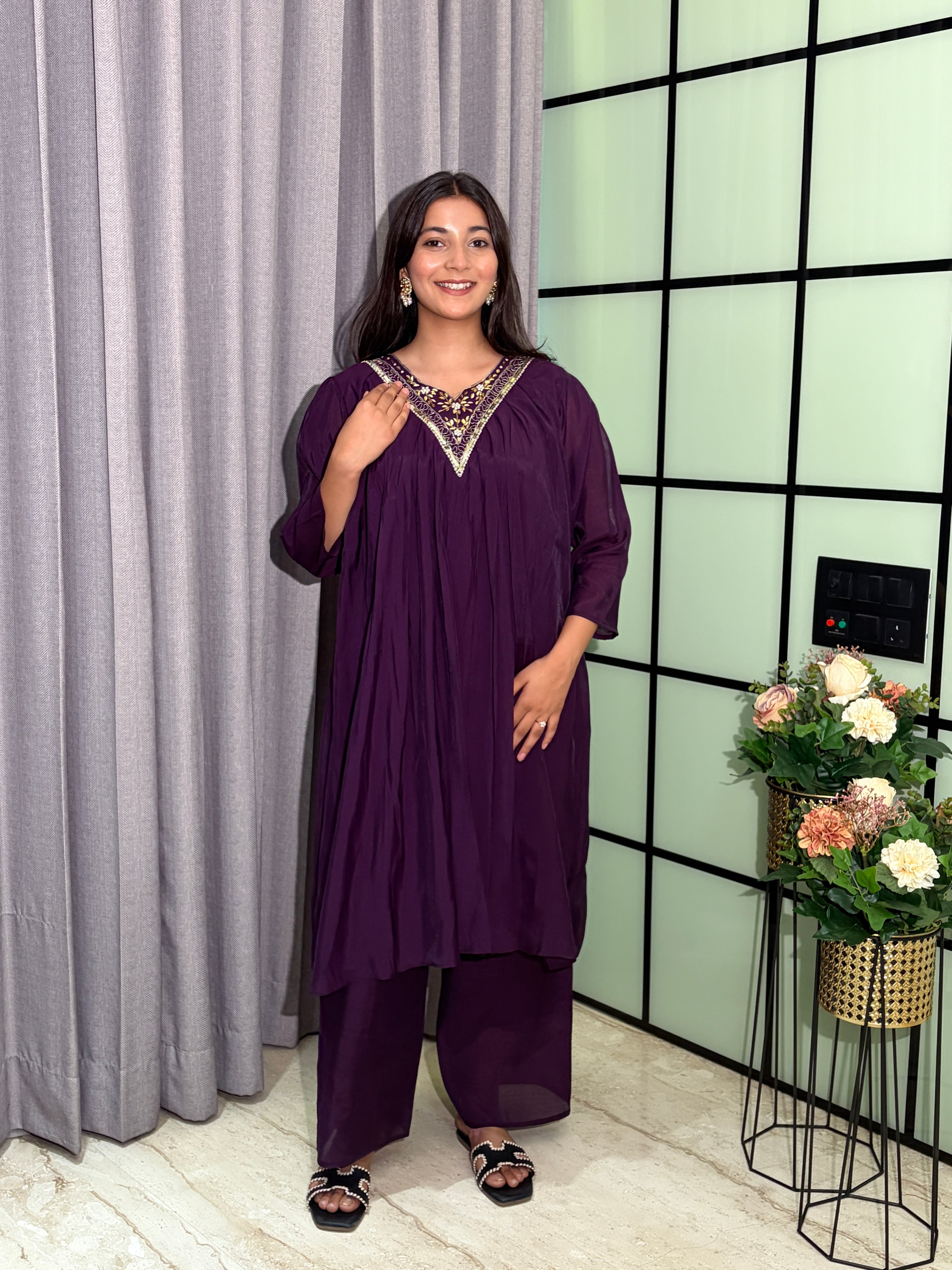 Women's Royal Purple Mull Chanderi  Silk Embroidered Kurta Set with Designer Dupatta
