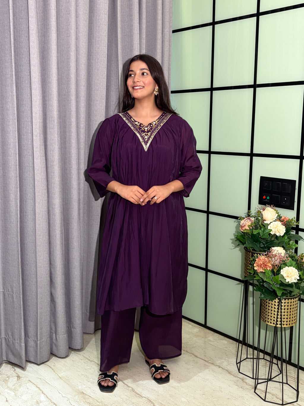 Women's Royal Purple Mull Chanderi  Silk Embroidered Kurta Set with Designer Dupatta