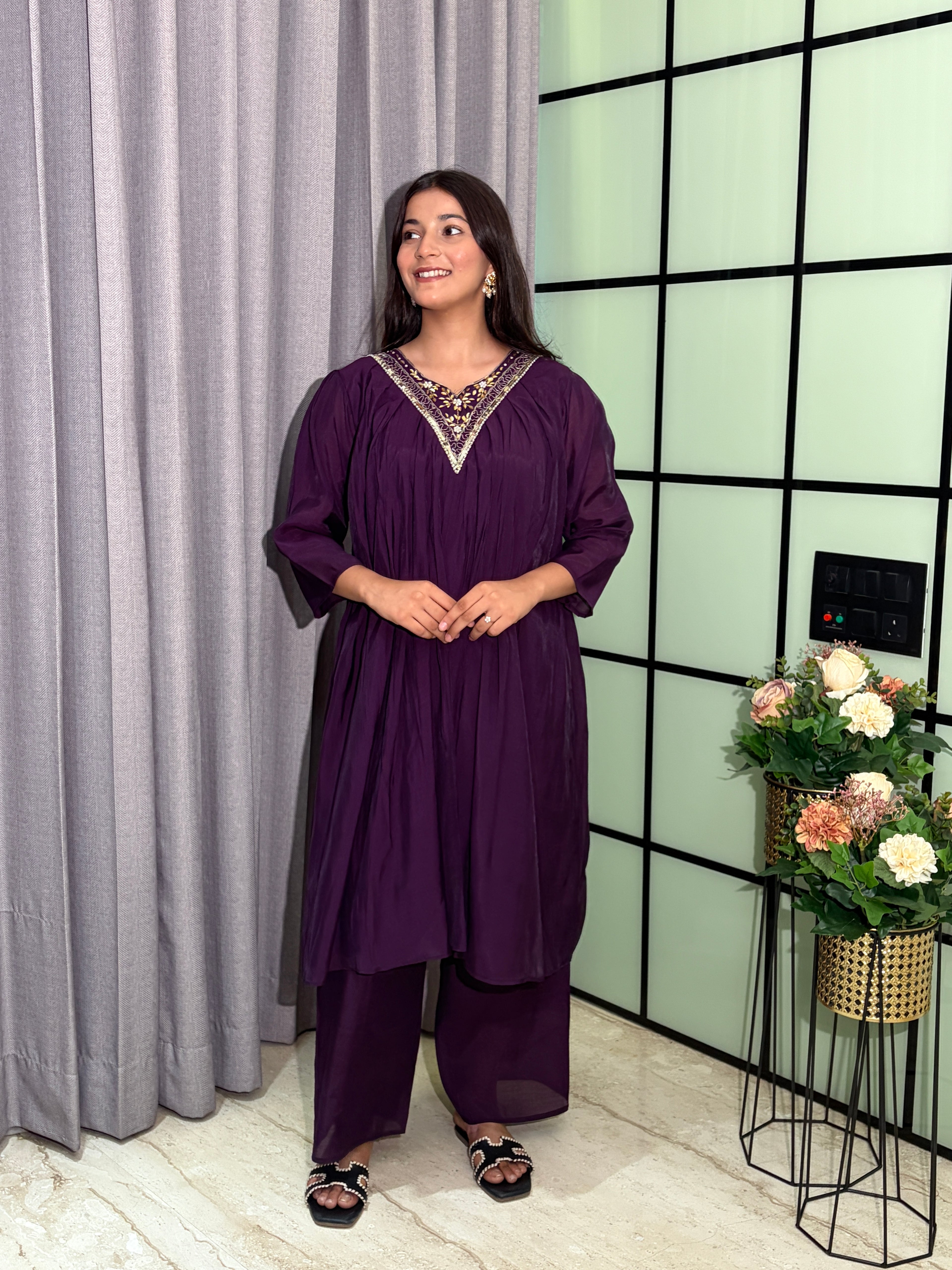 Women's Royal Purple Mull Chanderi  Silk Embroidered Kurta Set with Designer Dupatta