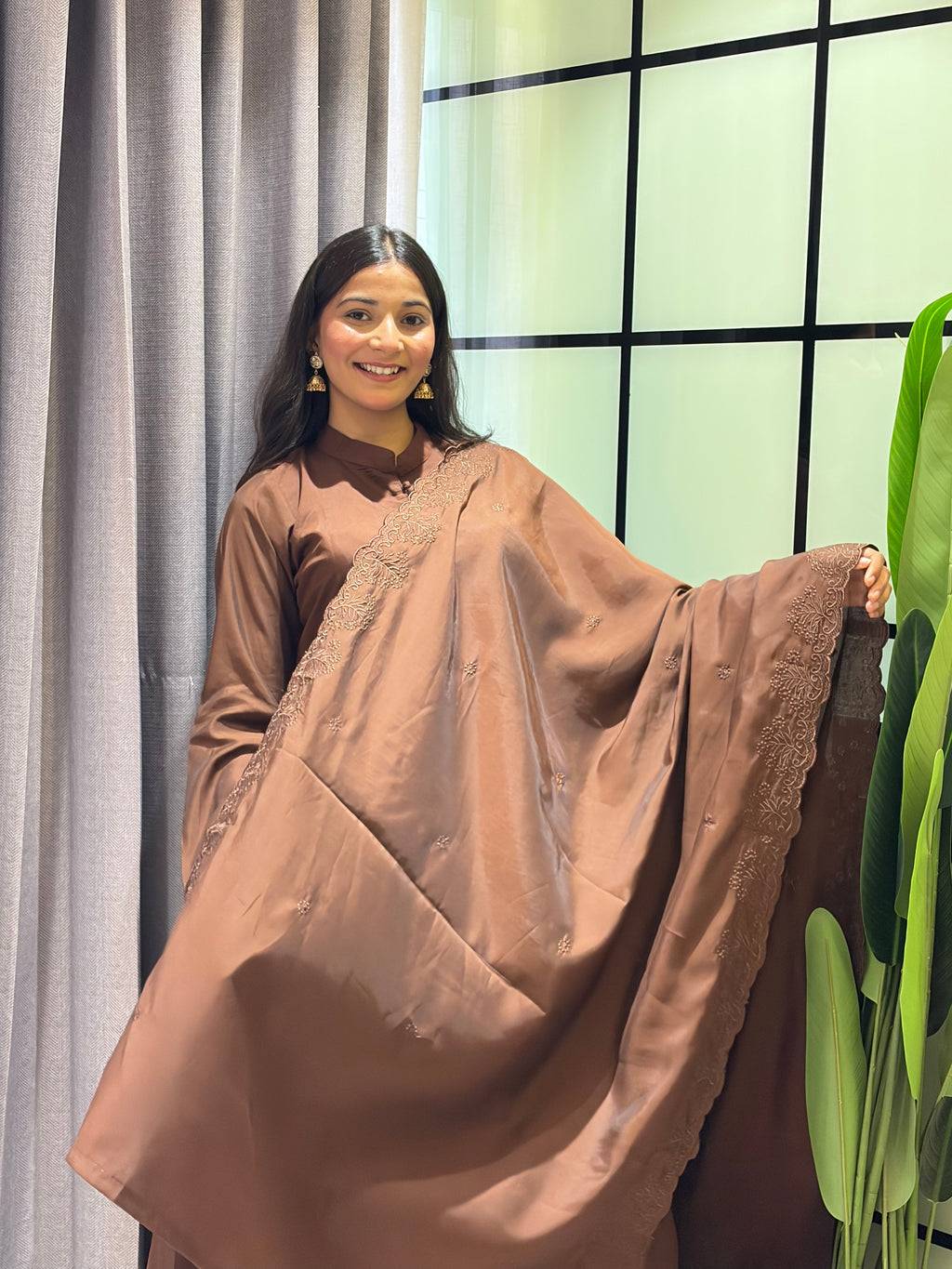 Elegant Roman Silk Gown with Lace Border Pant & Embroidered Dupatta Set
