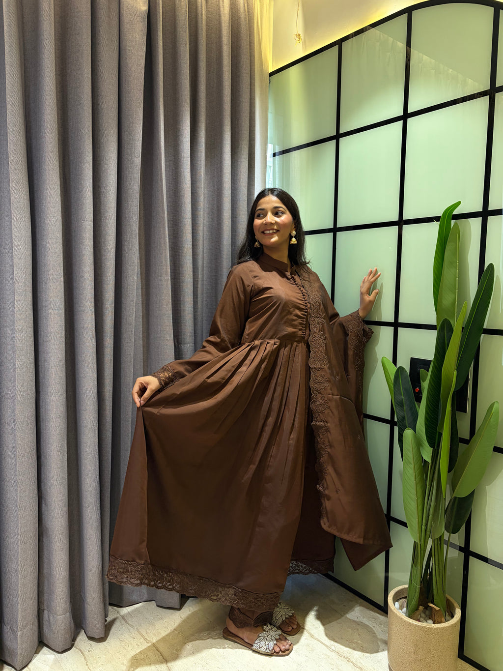 Elegant Roman Silk Gown with Lace Border Pant & Embroidered Dupatta Set