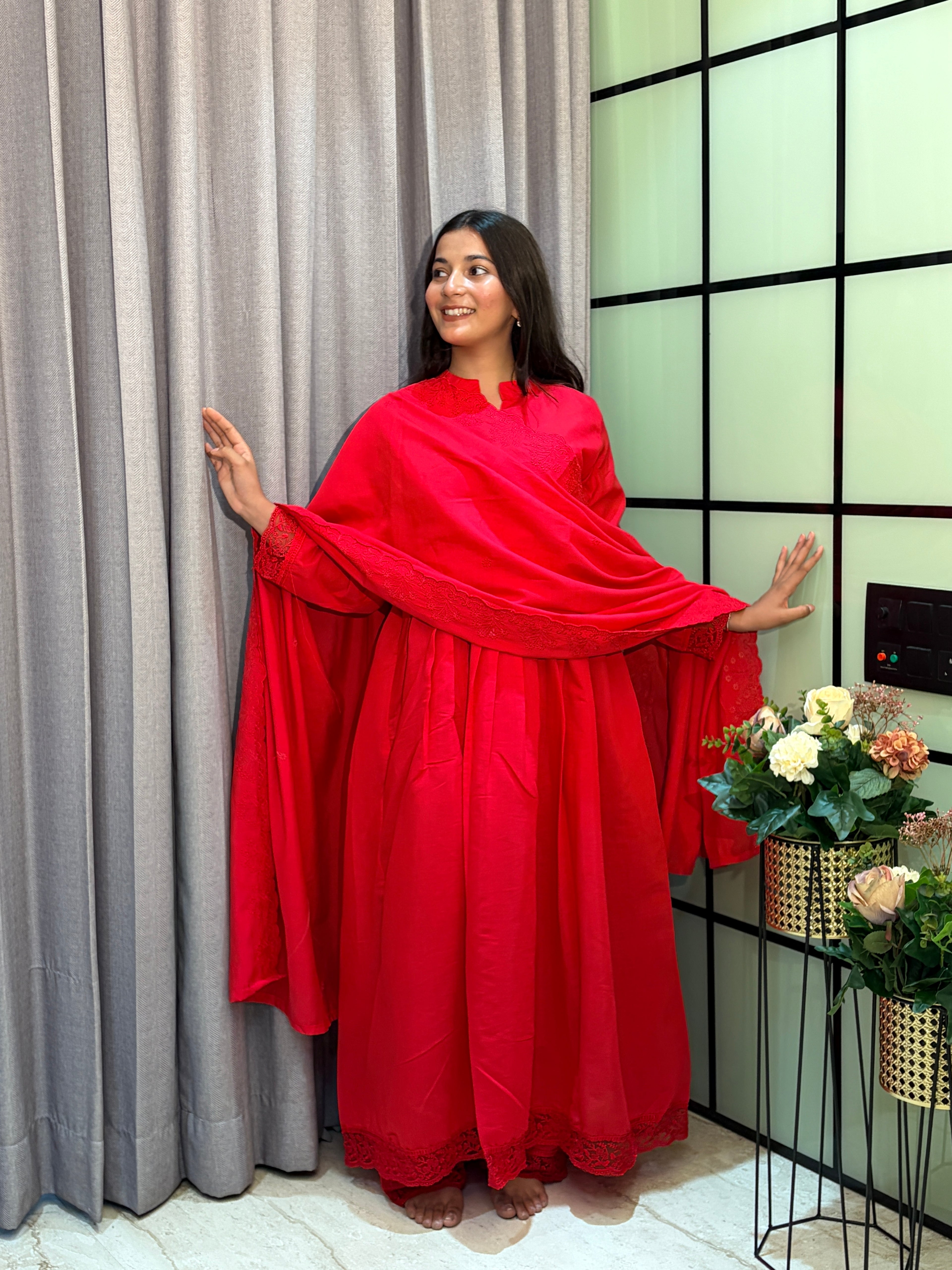 Elegant Roman Silk Gown with Lace Border Pant & Embroidered Dupatta Set