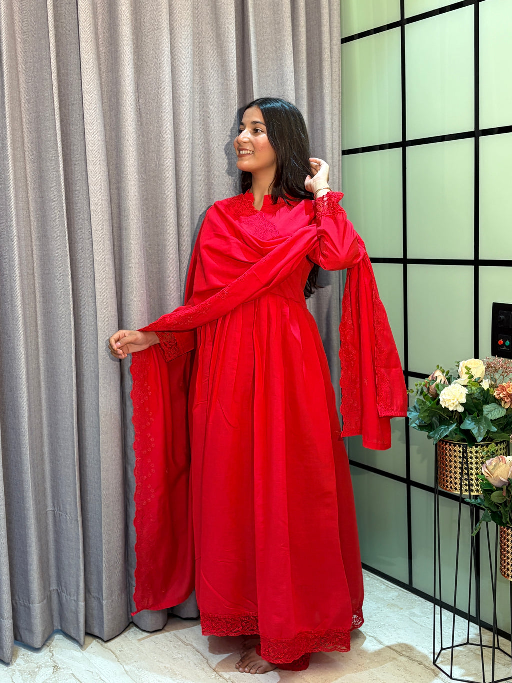 Elegant Roman Silk Gown with Lace Border Pant & Embroidered Dupatta Set