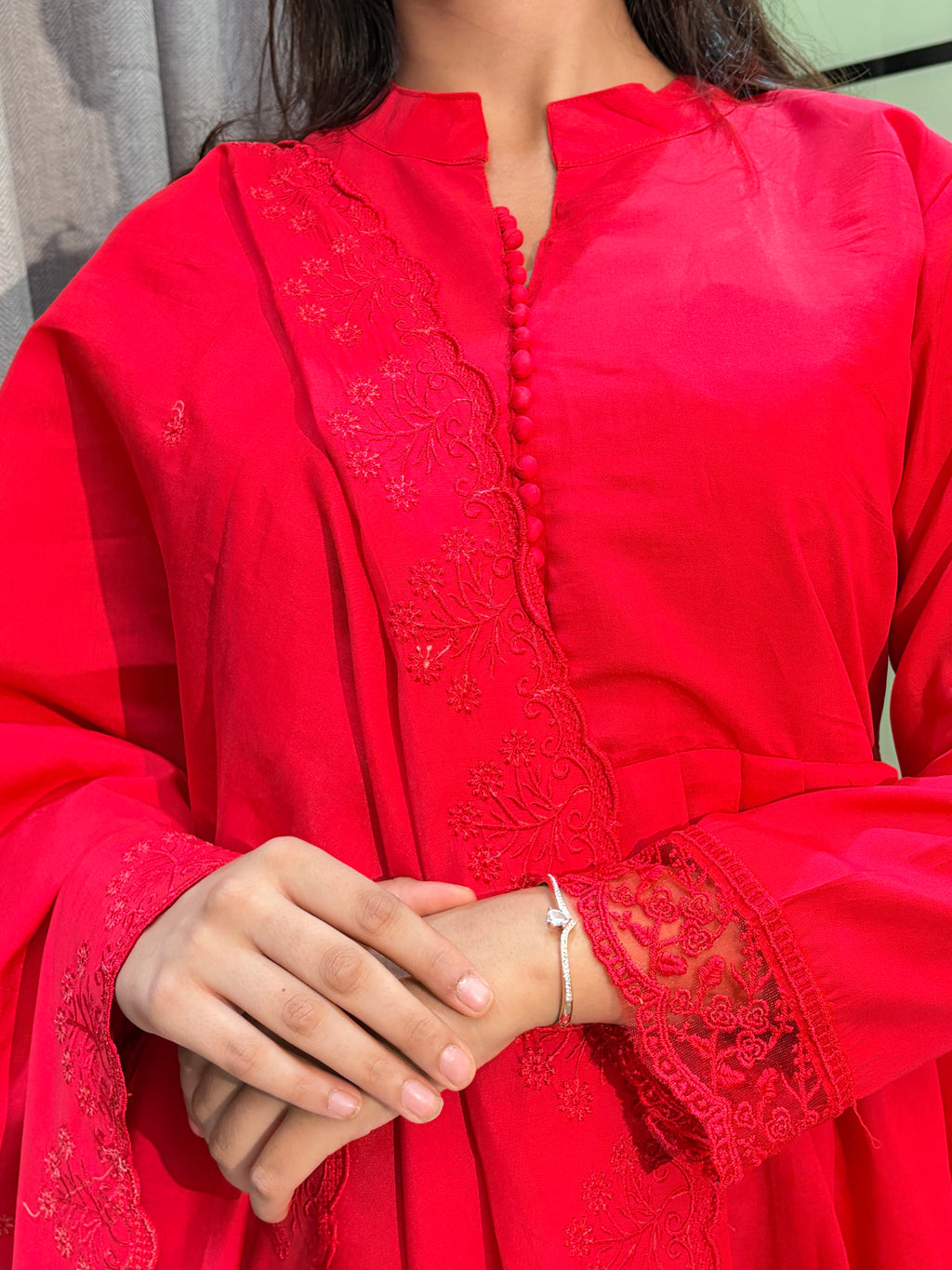 Elegant Roman Silk Gown with Lace Border Pant & Embroidered Dupatta Set