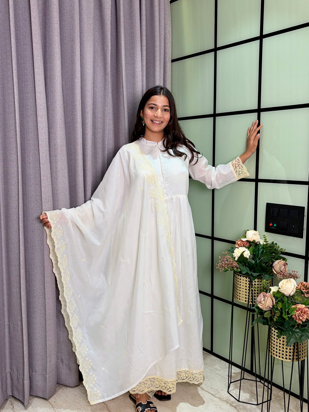 Luxury White Roman Silk Anarkali Kurta Set with Designer Lace Dupat
