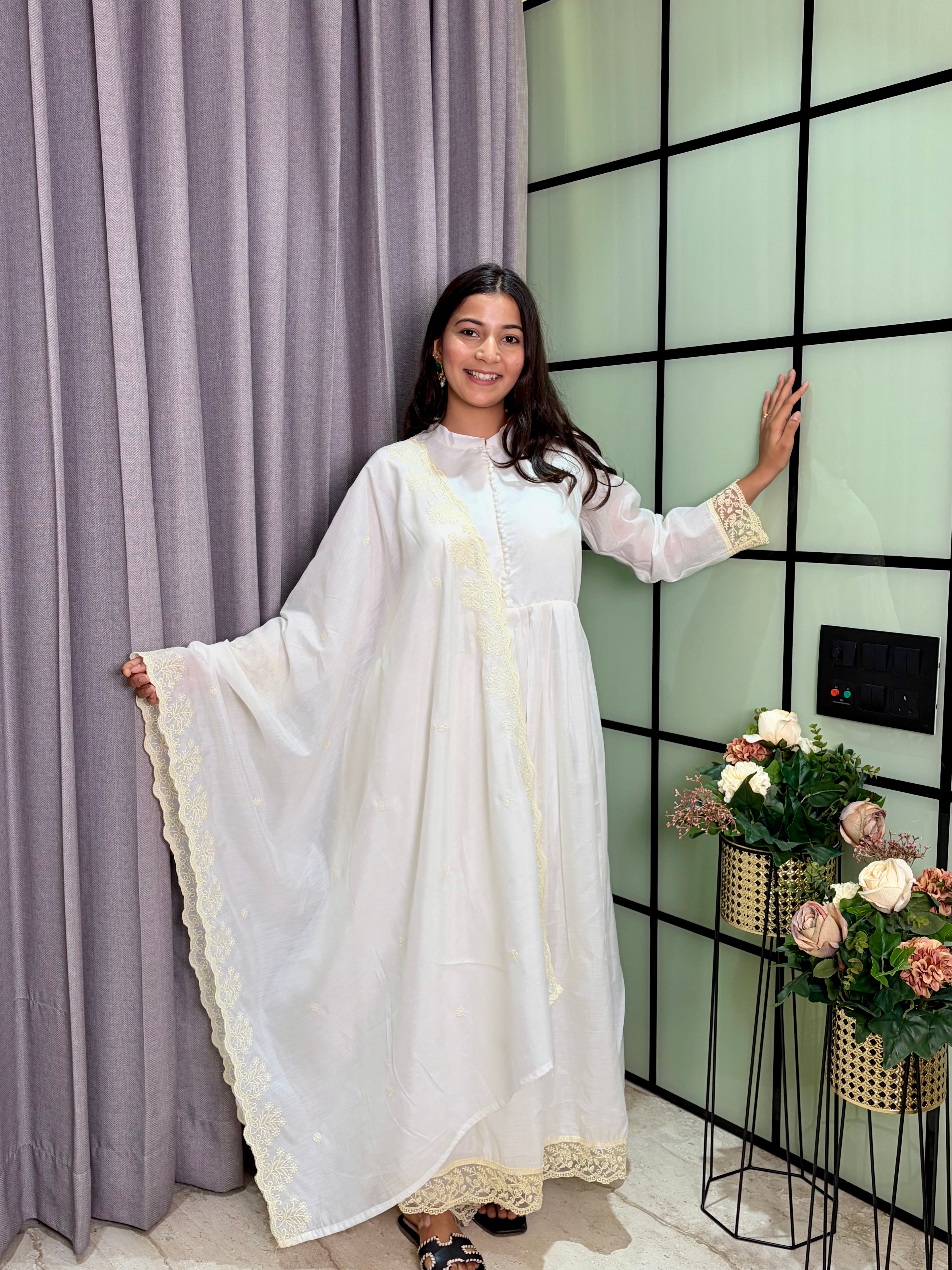 Luxury White Roman Silk Anarkali Kurta Set with Designer Lace Dupat