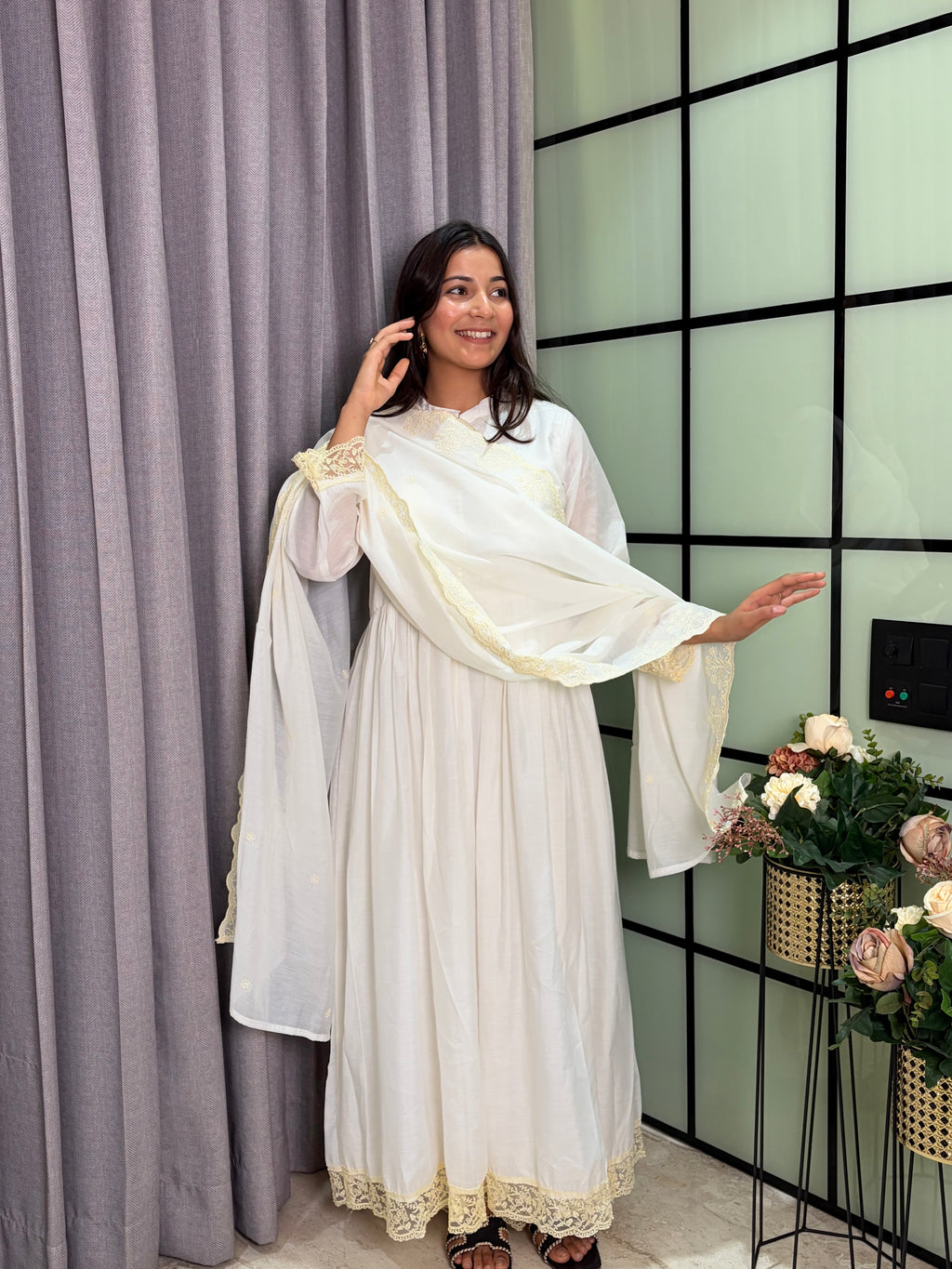 Luxury White Roman Silk Anarkali Kurta Set with Designer Lace Dupat
