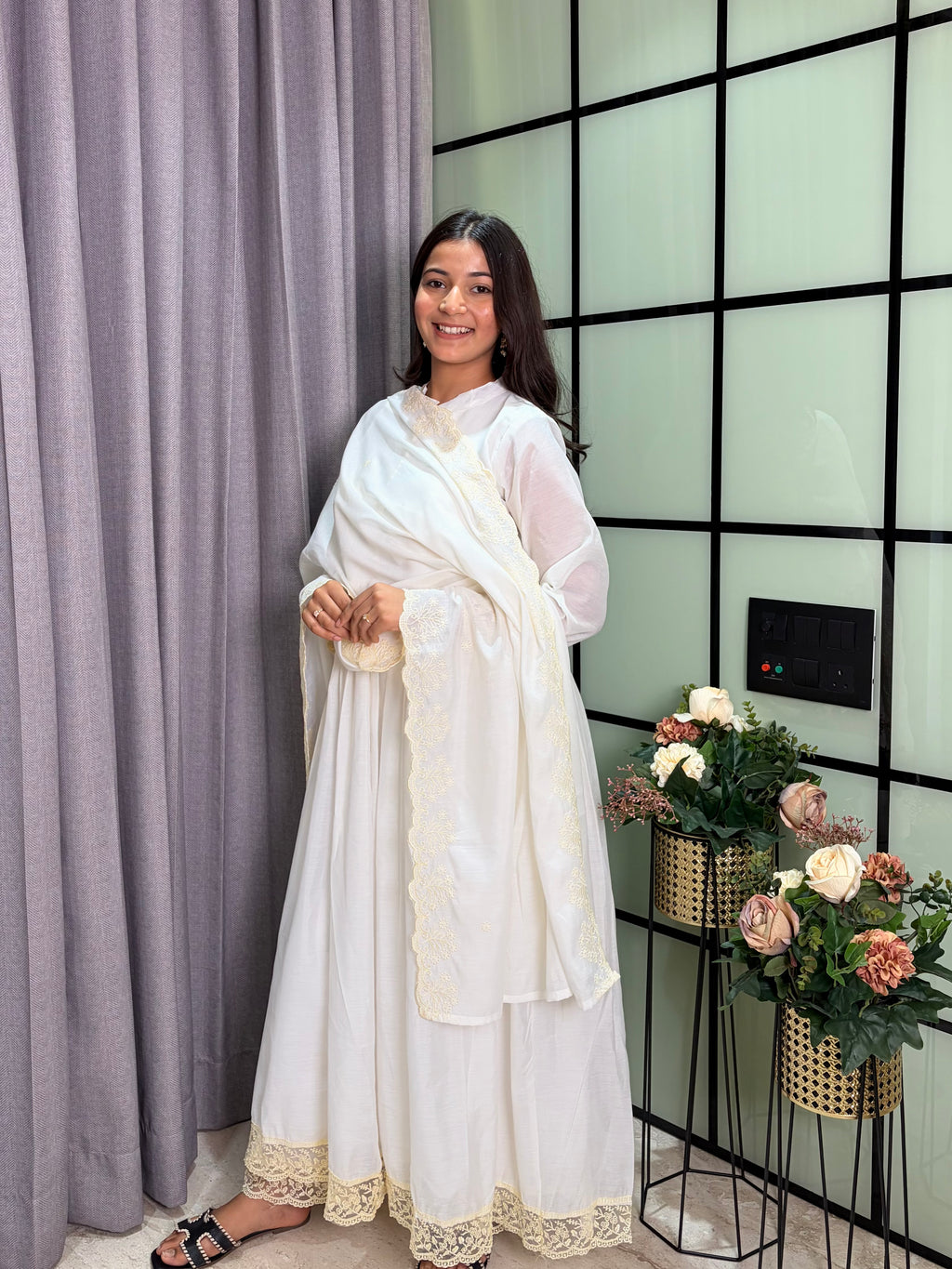 Luxury White Roman Silk Anarkali Kurta Set with Designer Lace Dupat