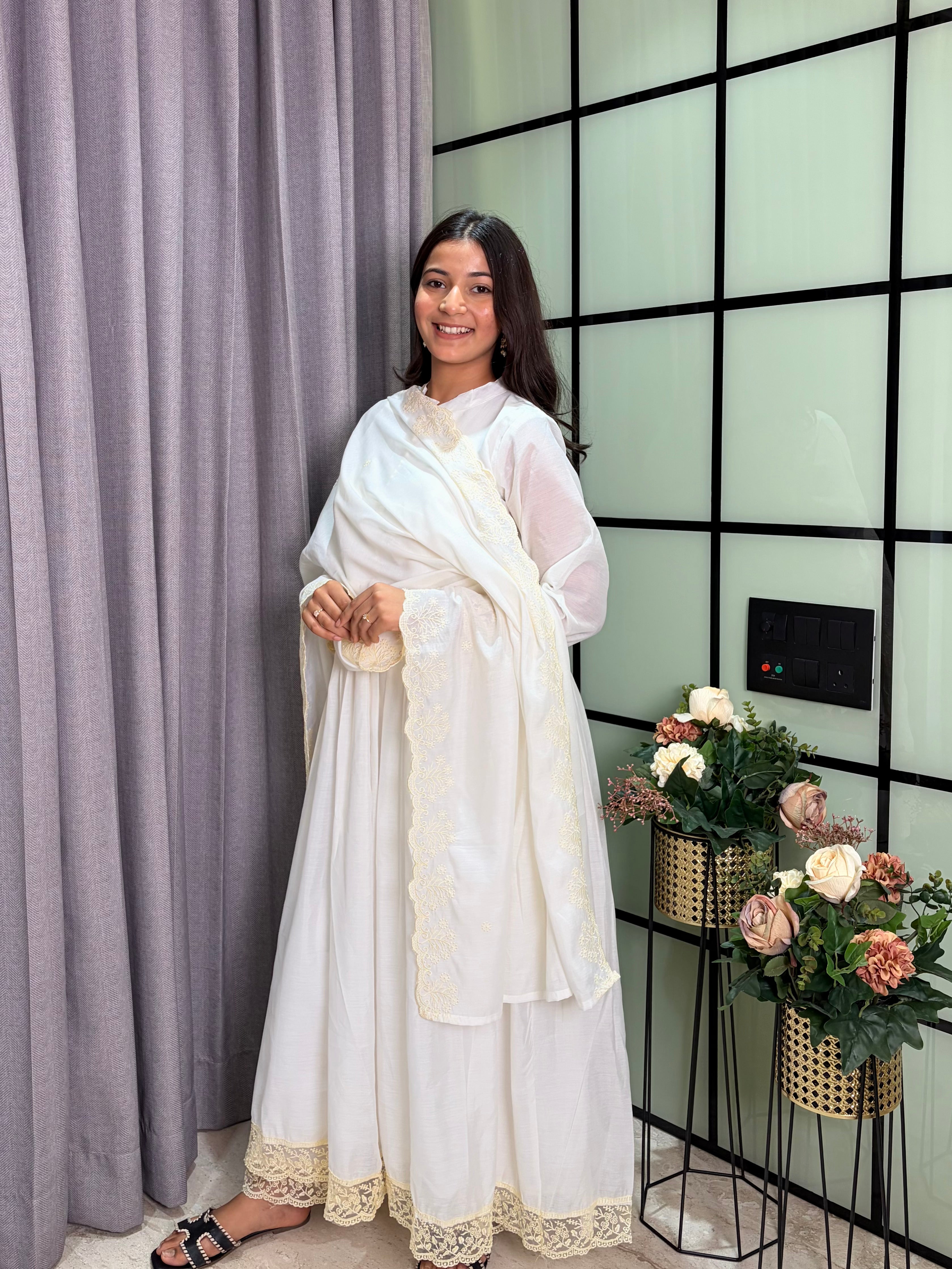 Luxury White Roman Silk Anarkali Kurta Set with Designer Lace Dupat