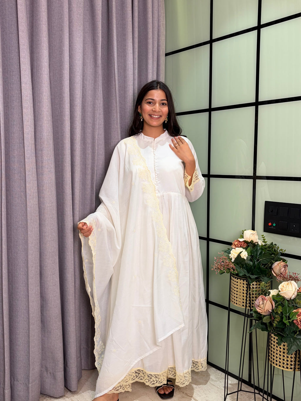 Luxury White Roman Silk Anarkali Kurta Set with Designer Lace Dupat