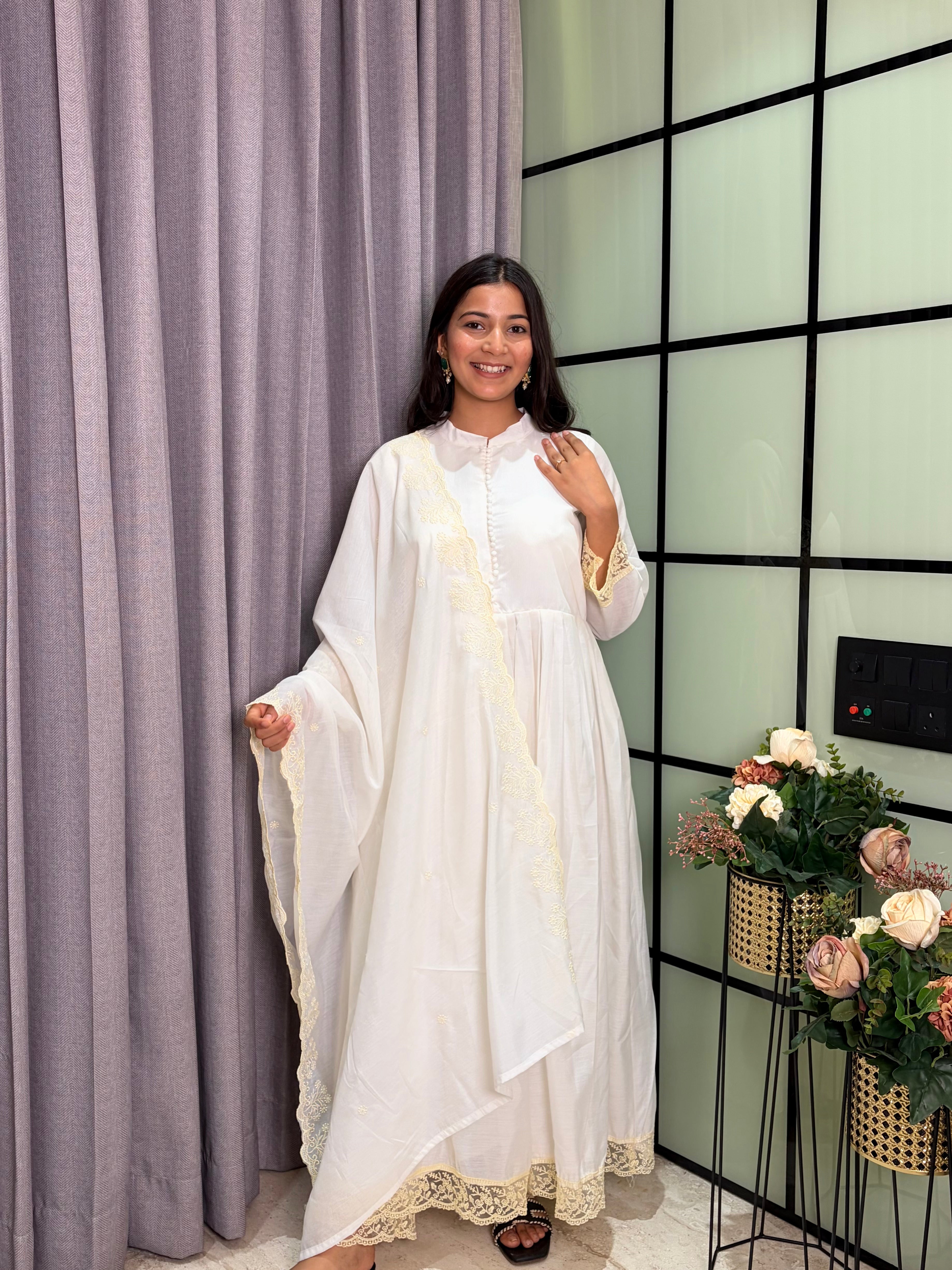 Luxury White Roman Silk Anarkali Kurta Set with Designer Lace Dupat