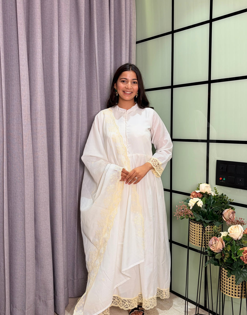 Luxury White Roman Silk Anarkali Kurta Set with Designer Lace Dupat