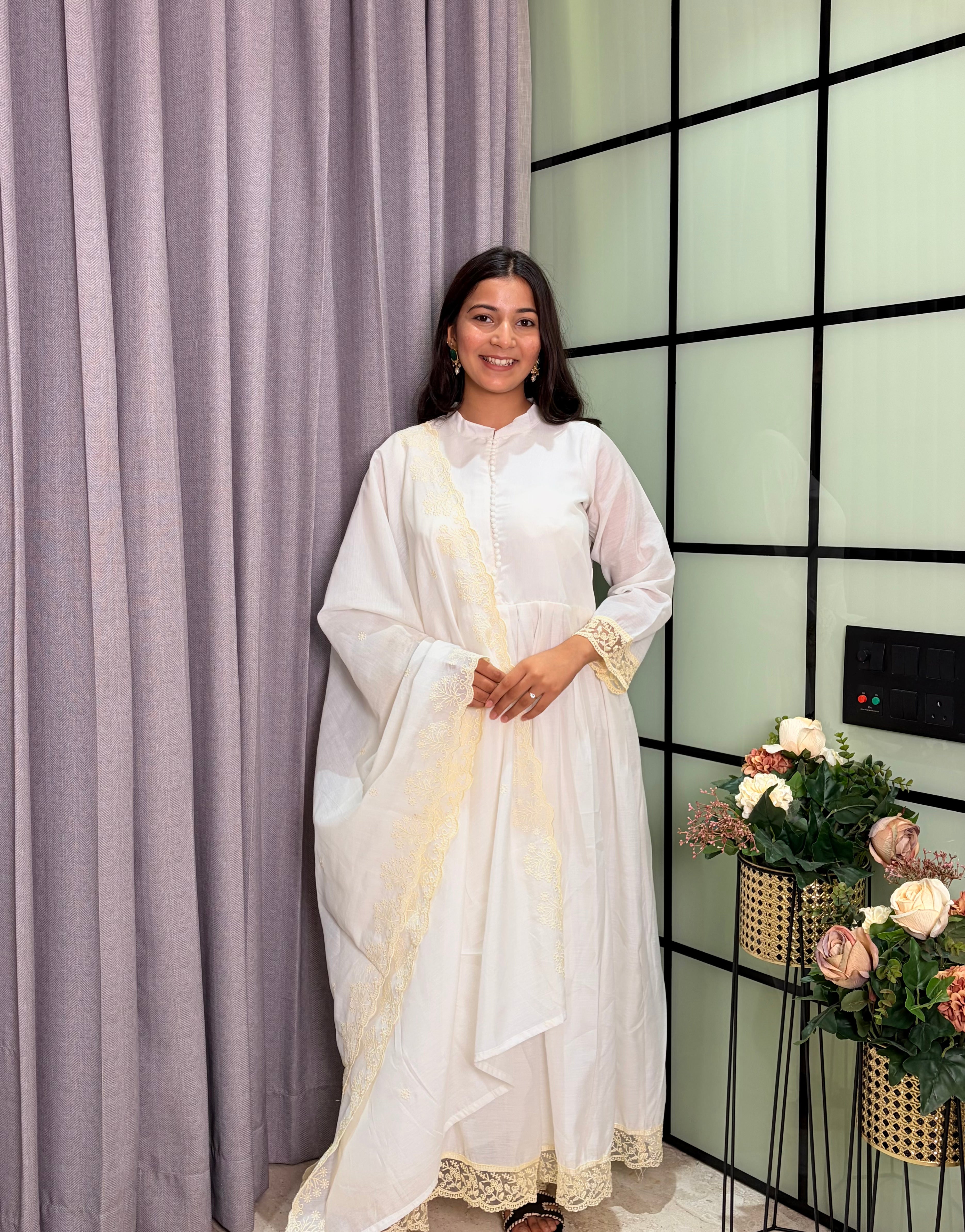 Luxury White Roman Silk Anarkali Kurta Set with Designer Lace Dupat