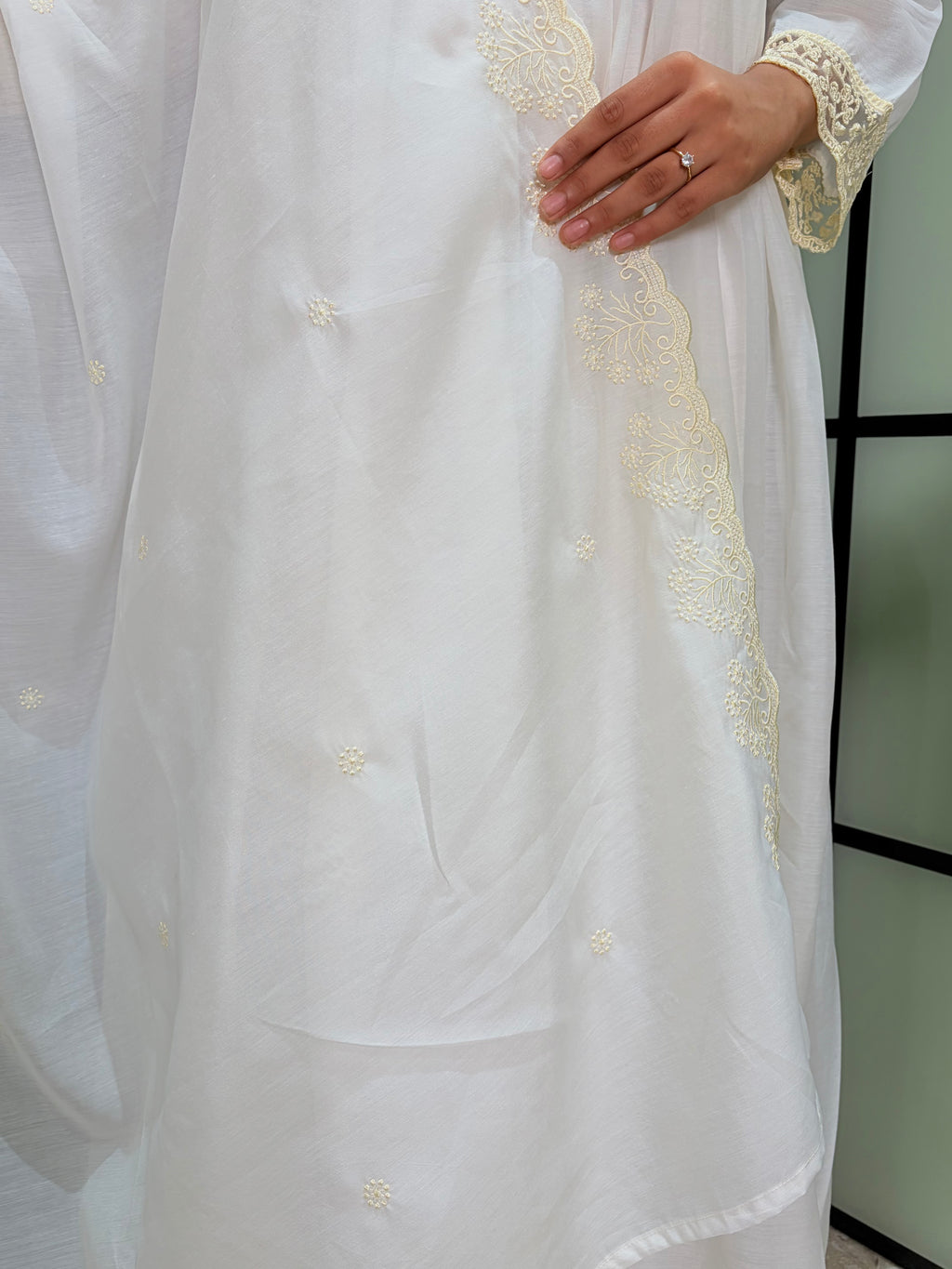 Luxury White Roman Silk Anarkali Kurta Set with Designer Lace Dupat