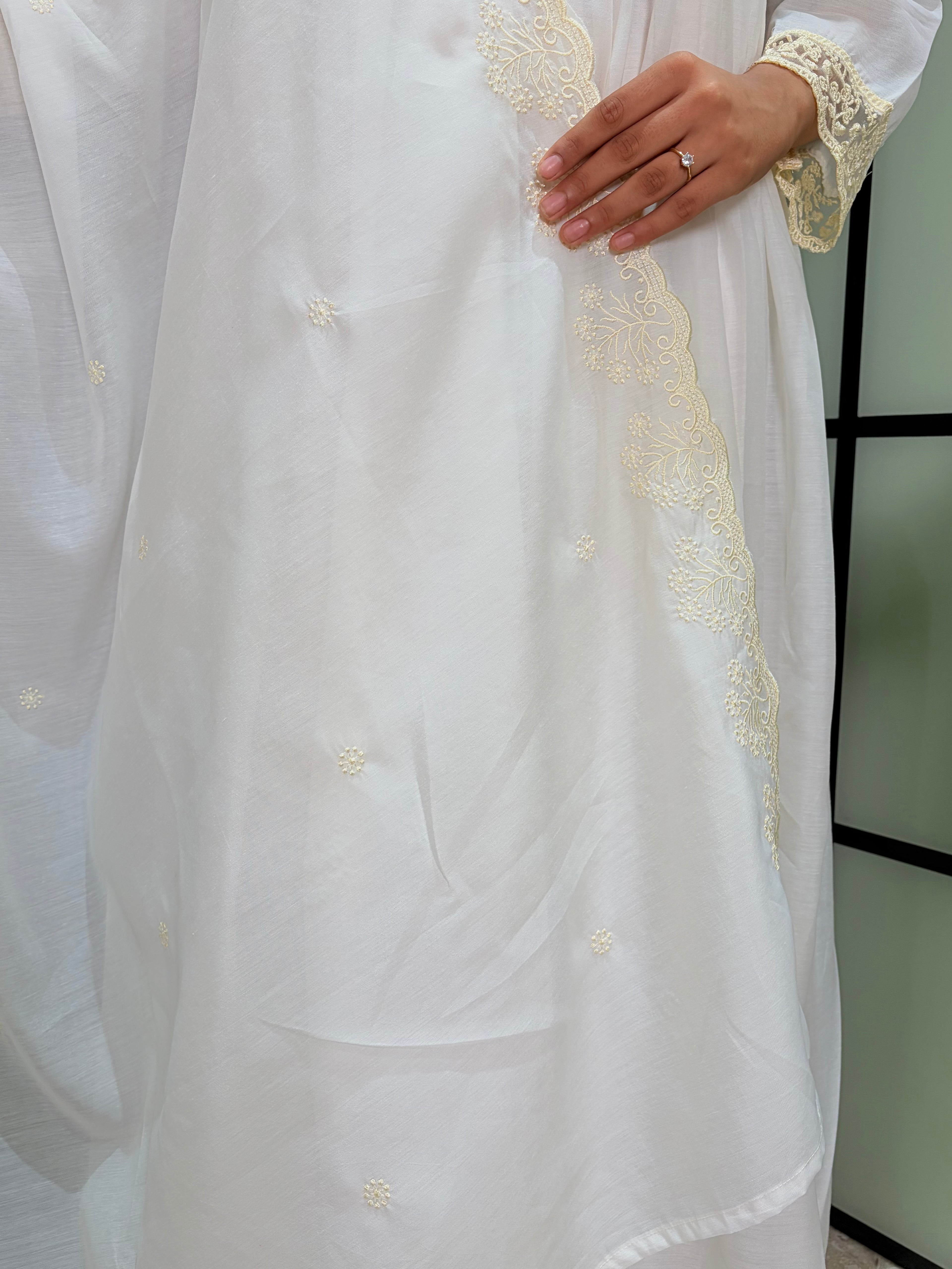 Luxury White Roman Silk Anarkali Kurta Set with Designer Lace Dupat