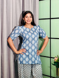 Sky Blue Printed Kurti Palazzo Set with Contrast Patterned Bottom