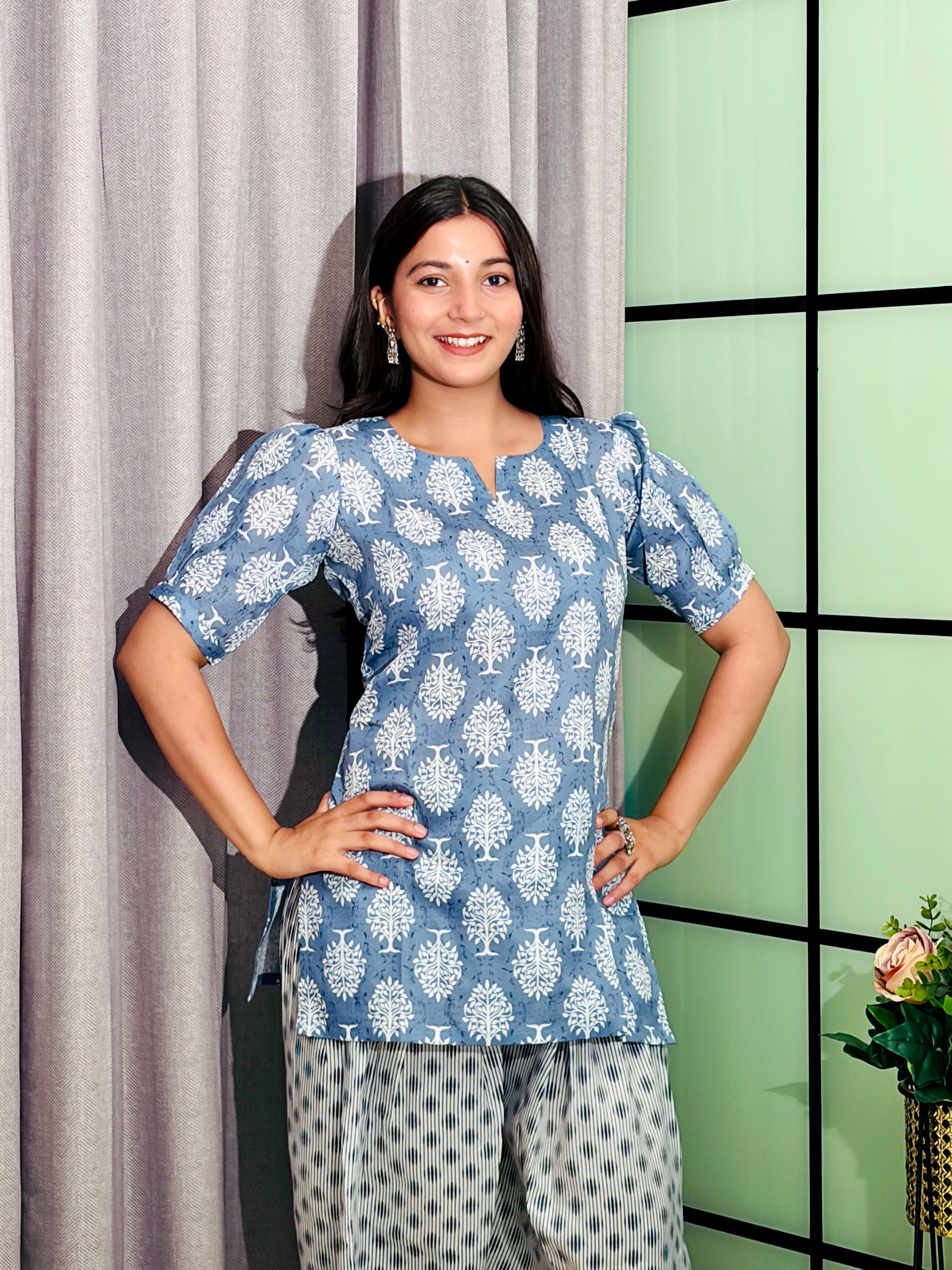 Sky Blue Printed Kurti Palazzo Set with Contrast Patterned Bottom