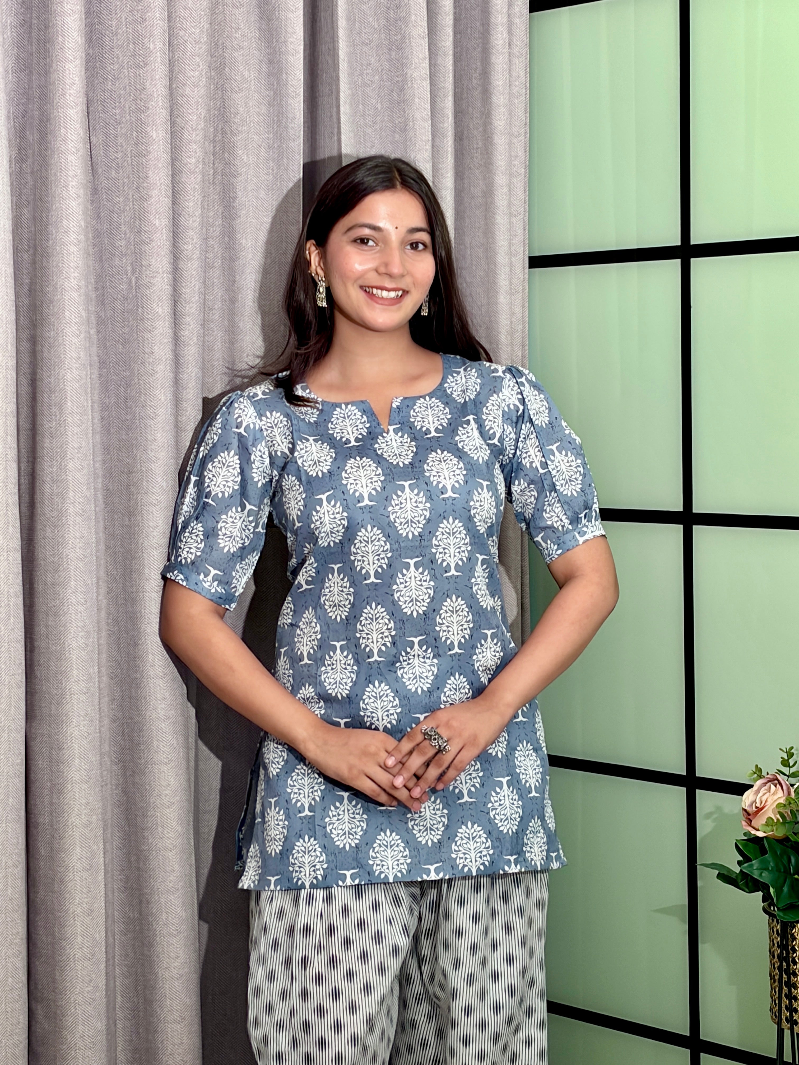 Sky Blue Printed Kurti Palazzo Set with Contrast Patterned Bottom