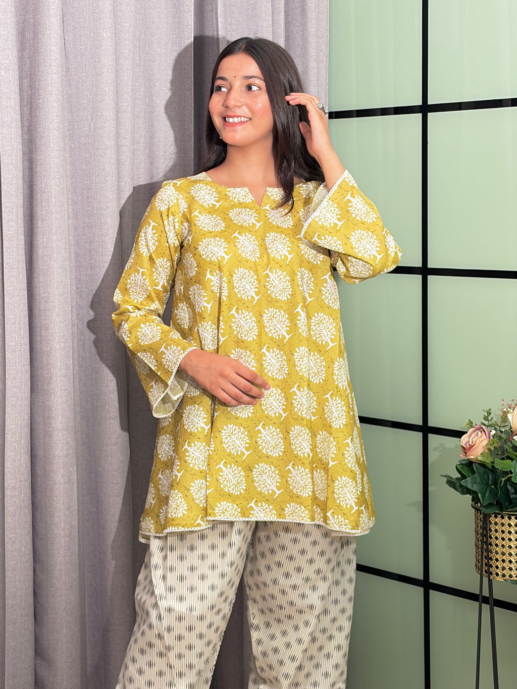 Sunshine Yellow Cotton Co-Ord Set with Elegant Botanical Print